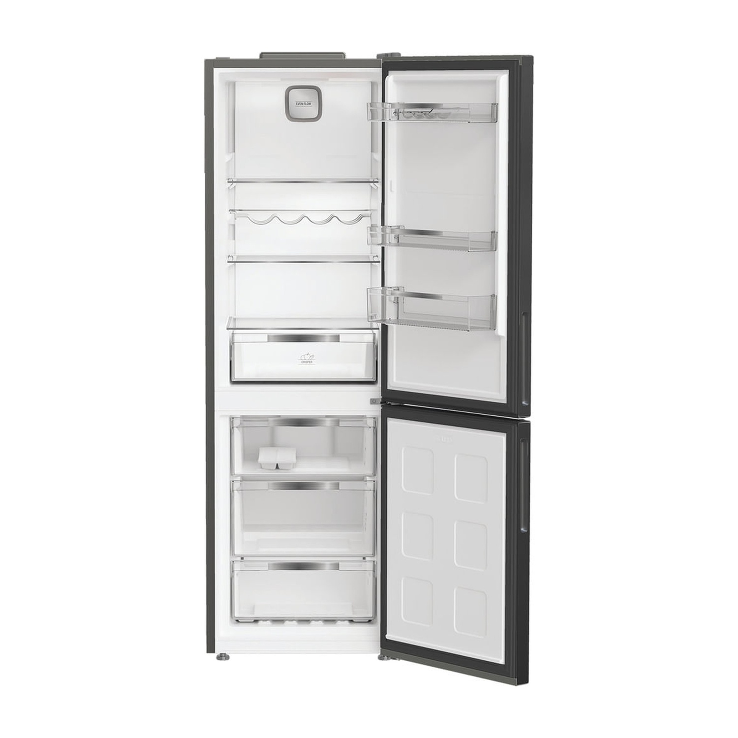 Un frigorifero aperto con ripiani, cassetti e una porta. L'interno è bianco e l'esterno è grigio scuro.