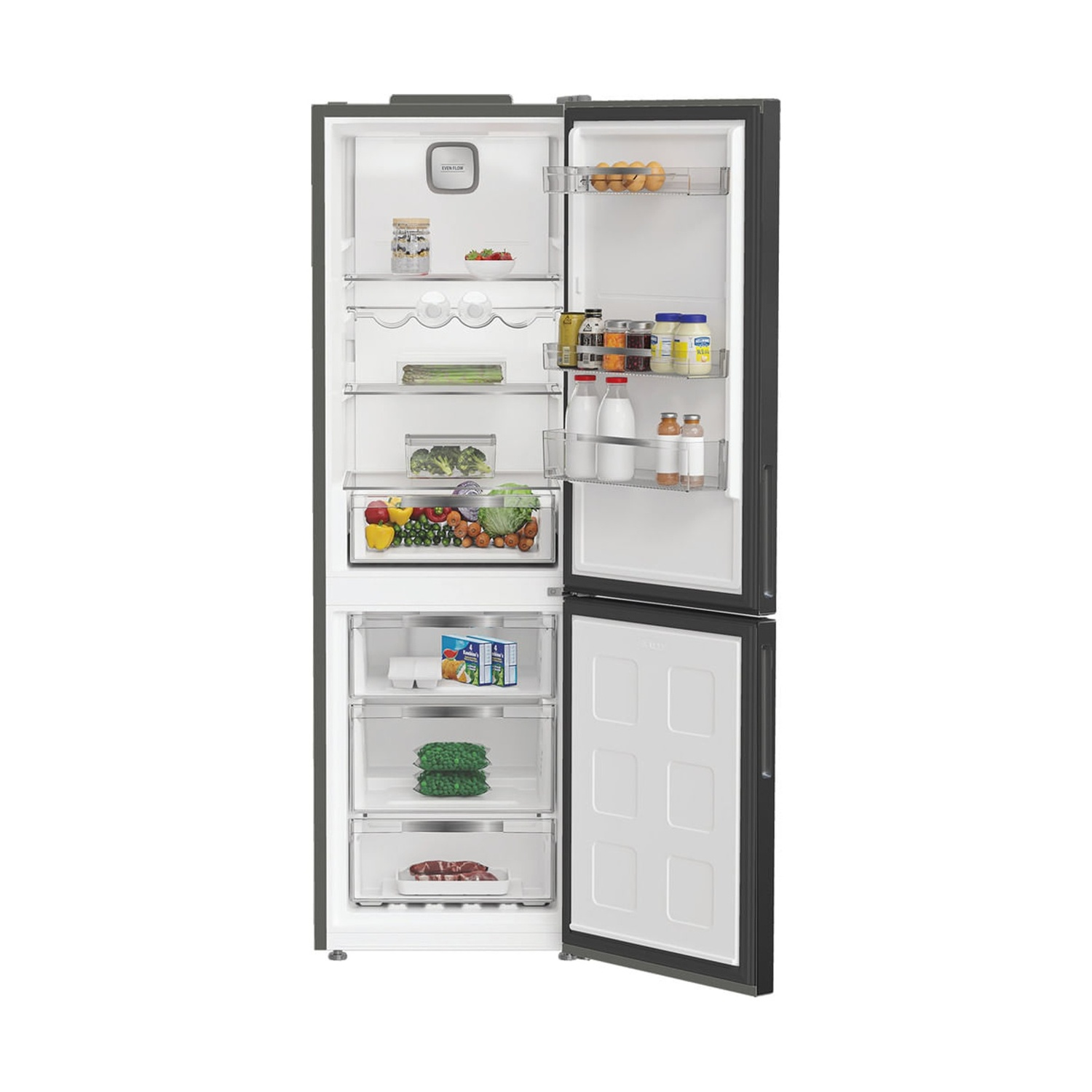 Frigorifero aperto con vari alimenti all'interno: uova, latte, frutta, verdura, carne e prodotti confezionati.