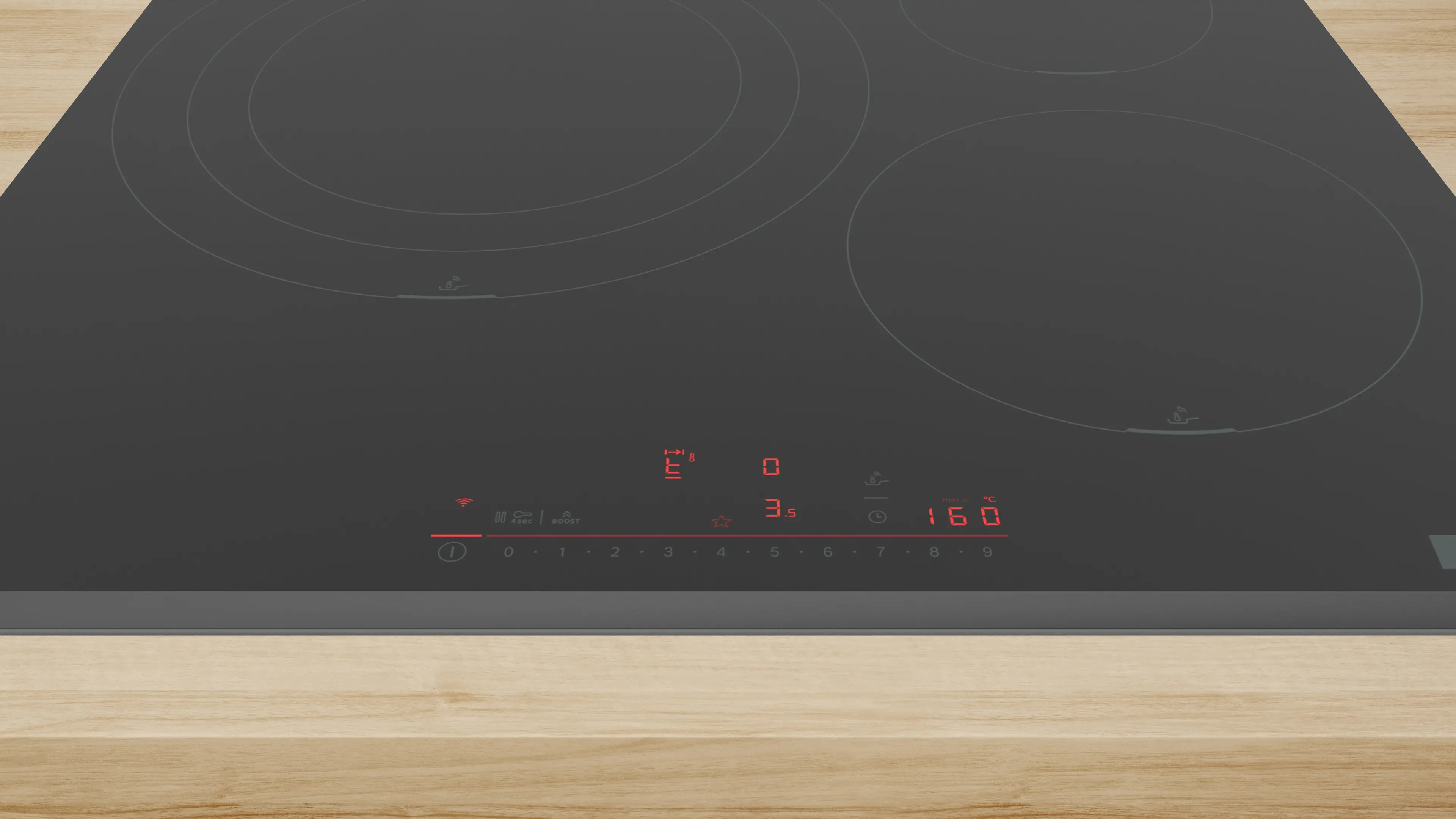 Una placa de inducción negra con cuatro quemadores y pantalla digital. La pantalla muestra el tiempo y la temperatura.