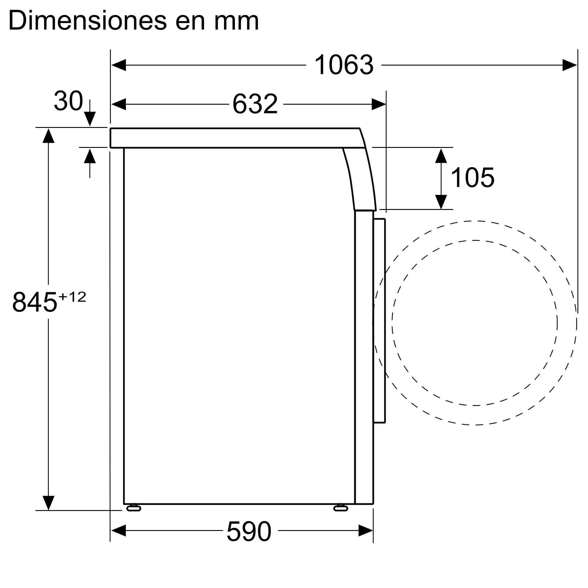 Vista lateral de una máquina con dimensiones en mm. Muestra un cuerpo rectangular y una forma circular. Las medidas se indican con flechas.