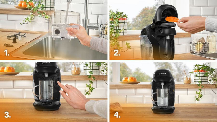 Instrucciones para una cafetera Tassimo. Los pasos incluyen llenar el tanque de agua, insertar una cápsula y preparar café en una taza.