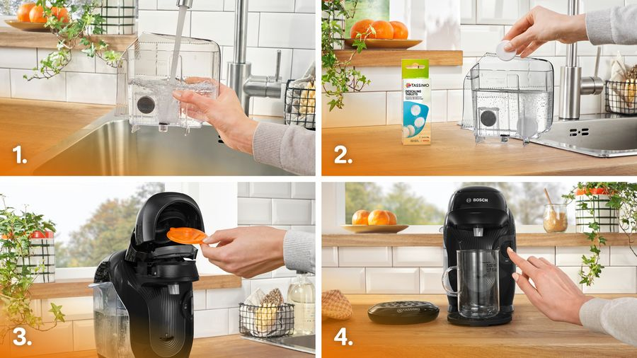 Imagen de cuatro paneles que muestra el mantenimiento de la cafetera. Llenado de agua, adición de tableta de limpieza, inserción de disco naranja y elaboración de café.