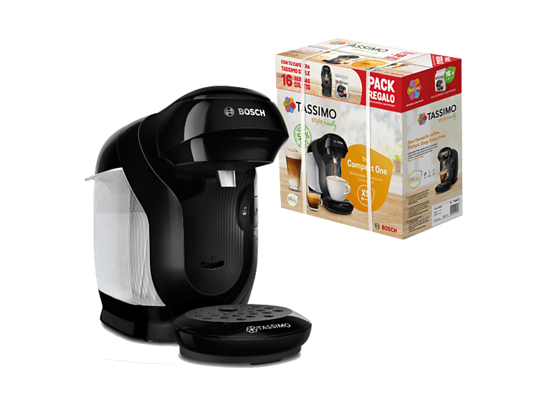 Cafetera de cápsulas - Bosch Tassimo Style TAS112EC, 3.3 bar, 0.7 l, 1.400 W, Intellibrew, Tamaño Compacto, Pack Café Regalo, Negro