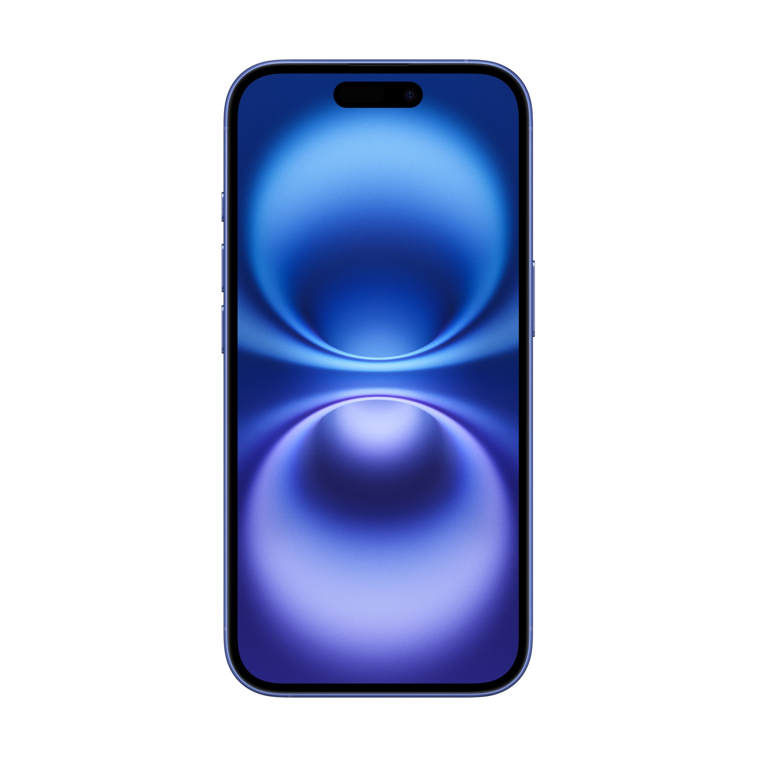 Uno smartphone con schermo blu che mostra una sfumatura di blu e viola. Il telefono ha una cornice nera e uno sfondo bianco.