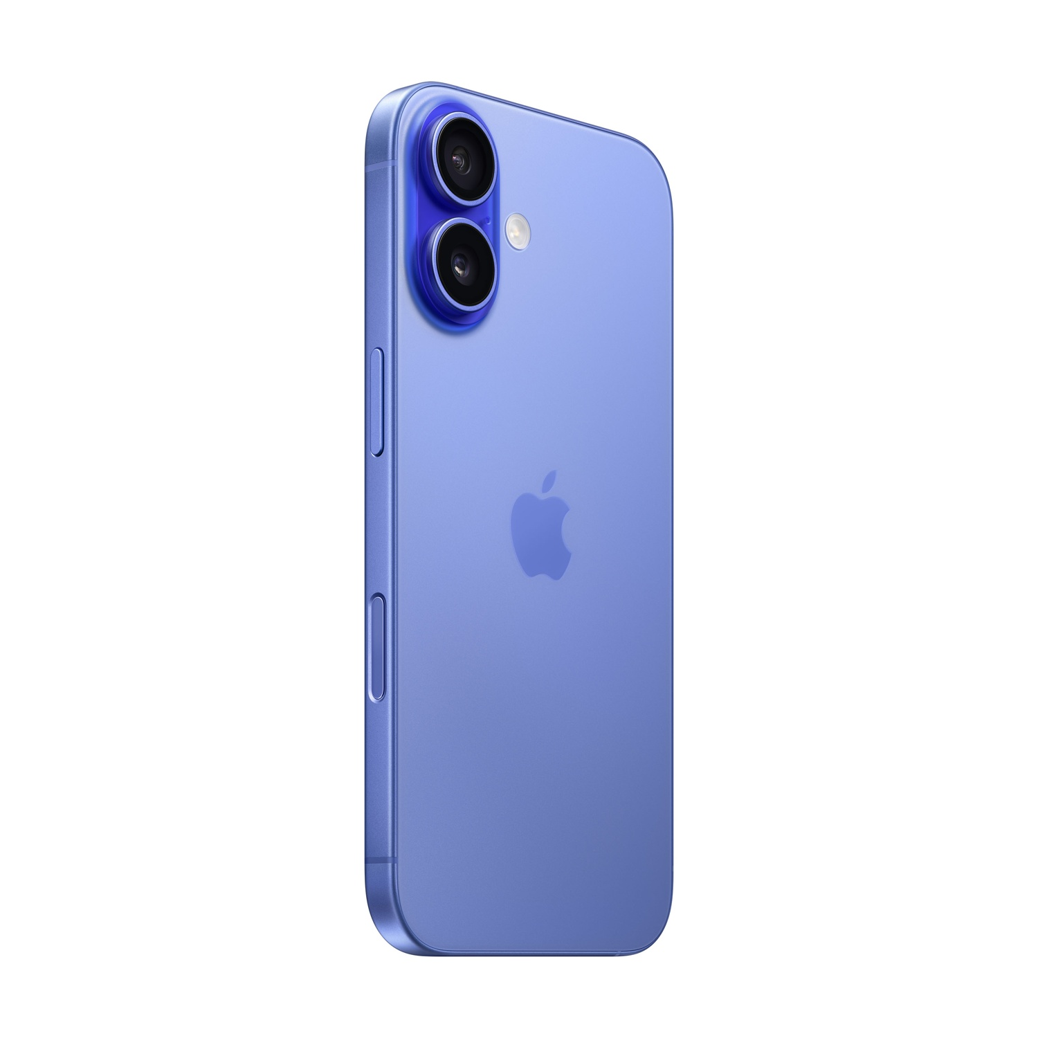 Un iPhone blu su sfondo bianco. Mostra due fotocamere posteriori e il logo Apple. I tasti del volume sono sul lato.