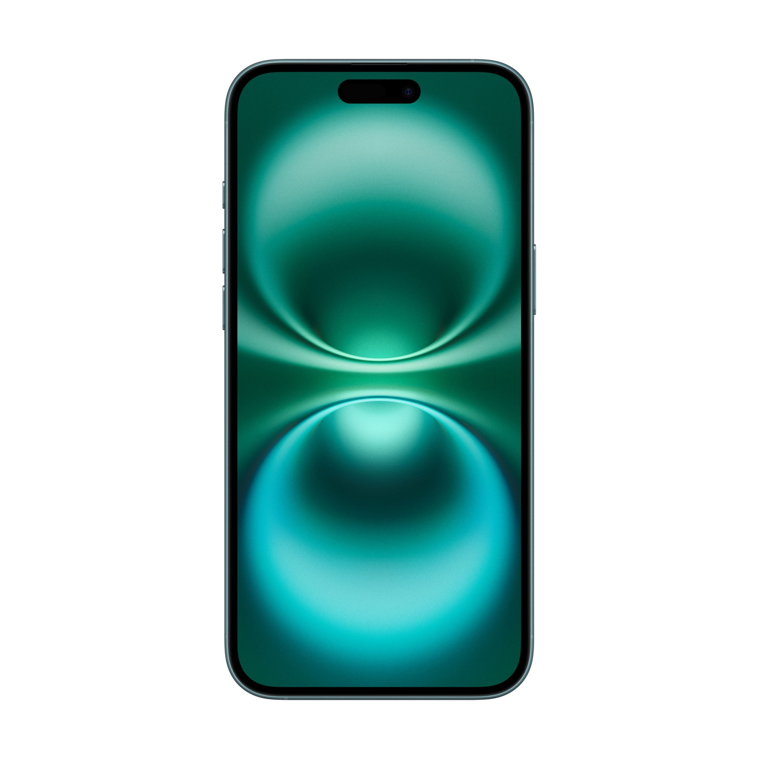 Uno smartphone con schermo verde acqua che mostra un motivo curvo verde acqua e bianco. Il telefono ha un bordo nero e un ritaglio per la fotocamera.