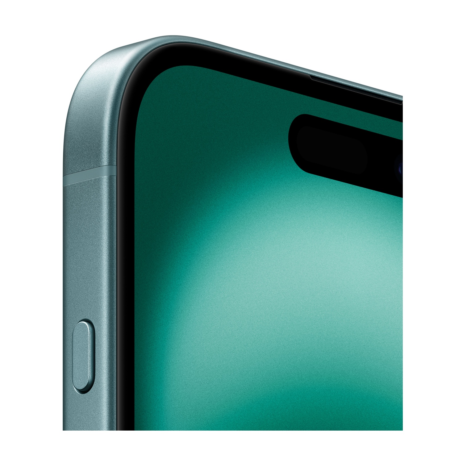 Primo piano di uno smartphone verde acqua. Mostra lo schermo, il bordo con un pulsante e la parte superiore con un ritaglio nero.