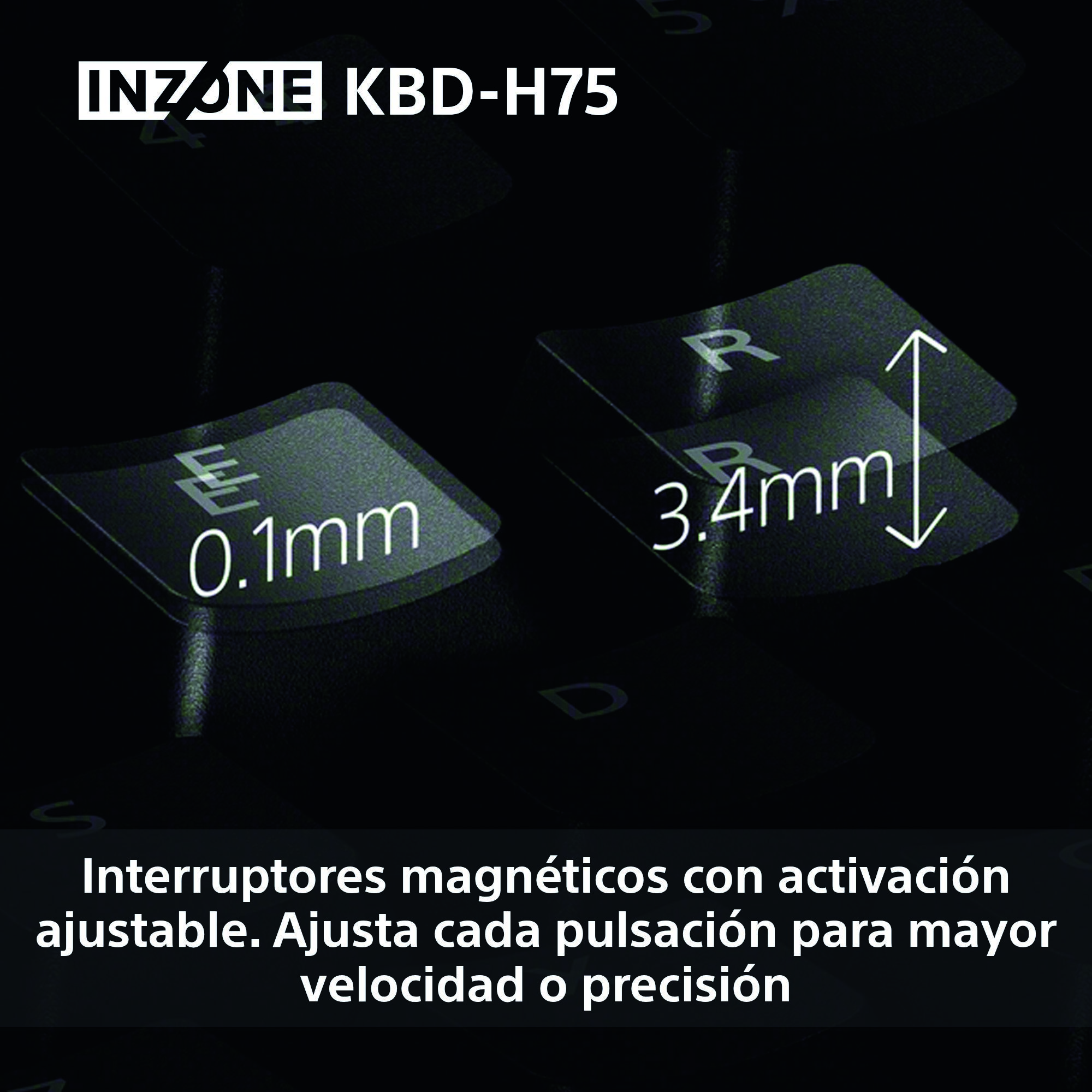 Imagen de teclas de teclado con medidas. Texto indica interruptores magnéticos para activación ajustable, velocidad y precisión.