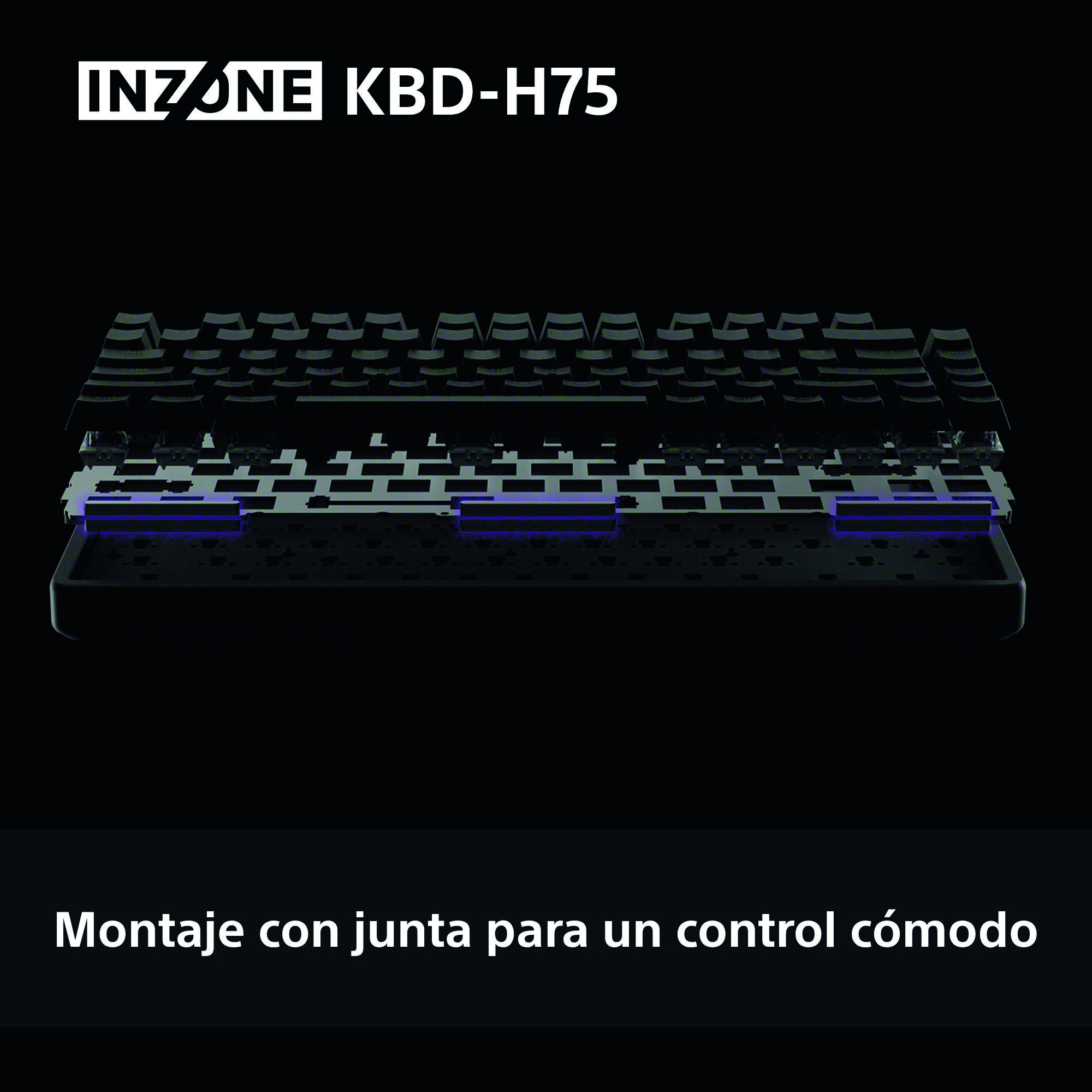 Vista explosionada de un teclado negro con iluminación púrpura. Texto superior: INZONE KBD-H75. Texto inferior: 'Montaje con junta'.