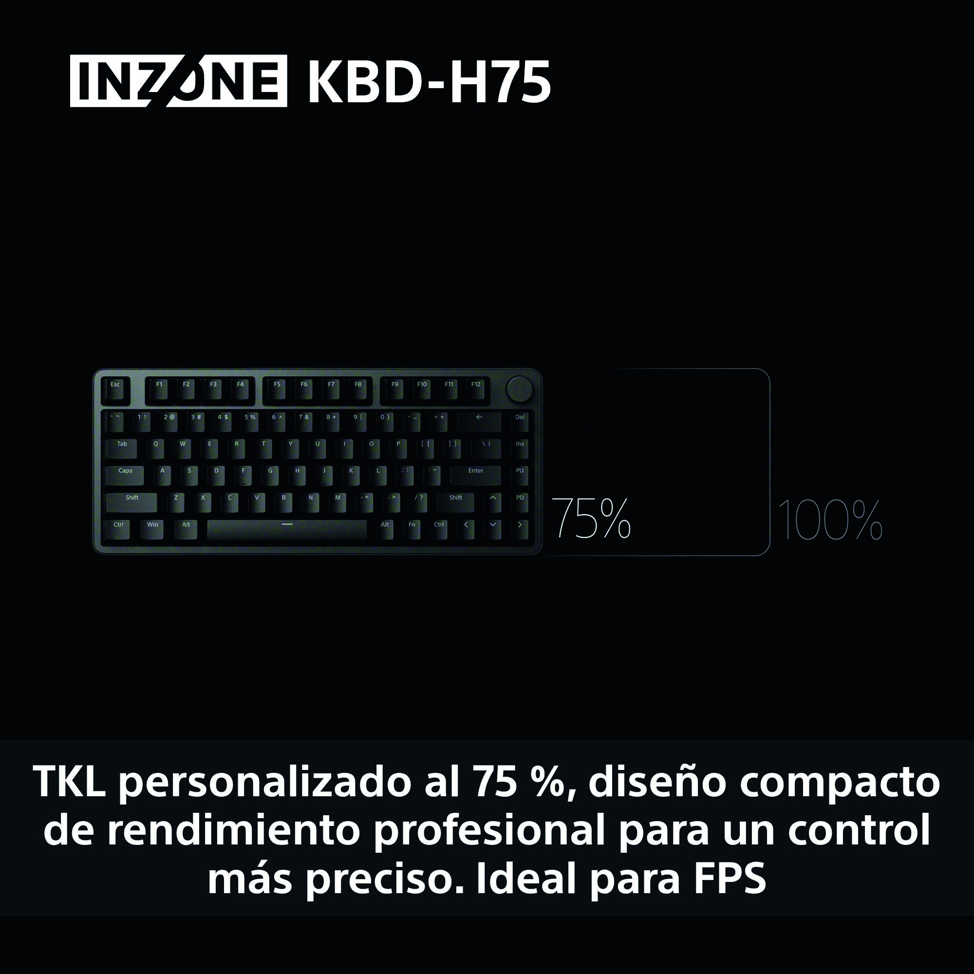 Teclado negro sobre fondo oscuro con texto. El teclado es 75%, diseñado para precisión y juegos FPS.