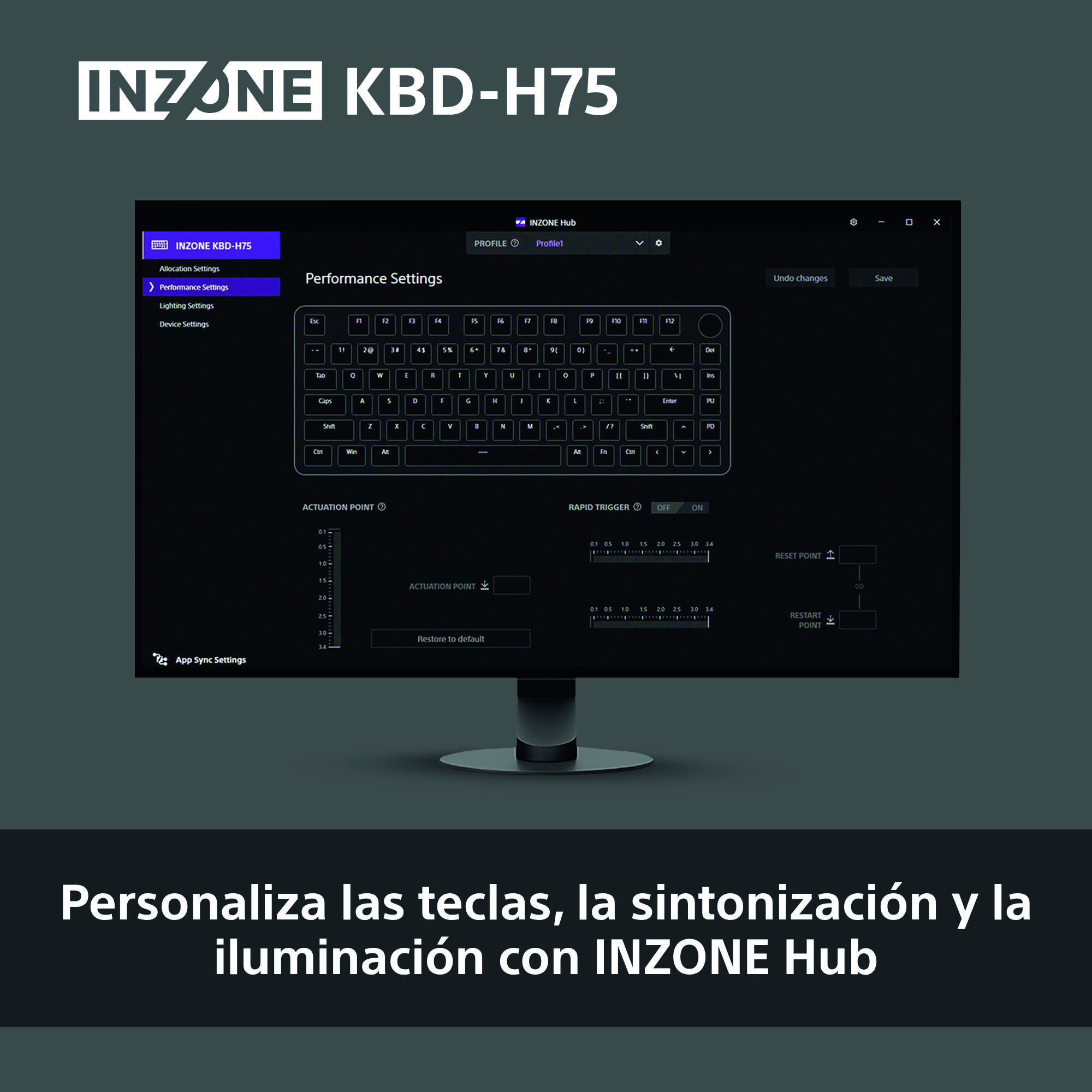 Interfaz de teclado negro con ajustes de actuación y disparo rápido, en un monitor. Texto: INZONE KBD-H75.