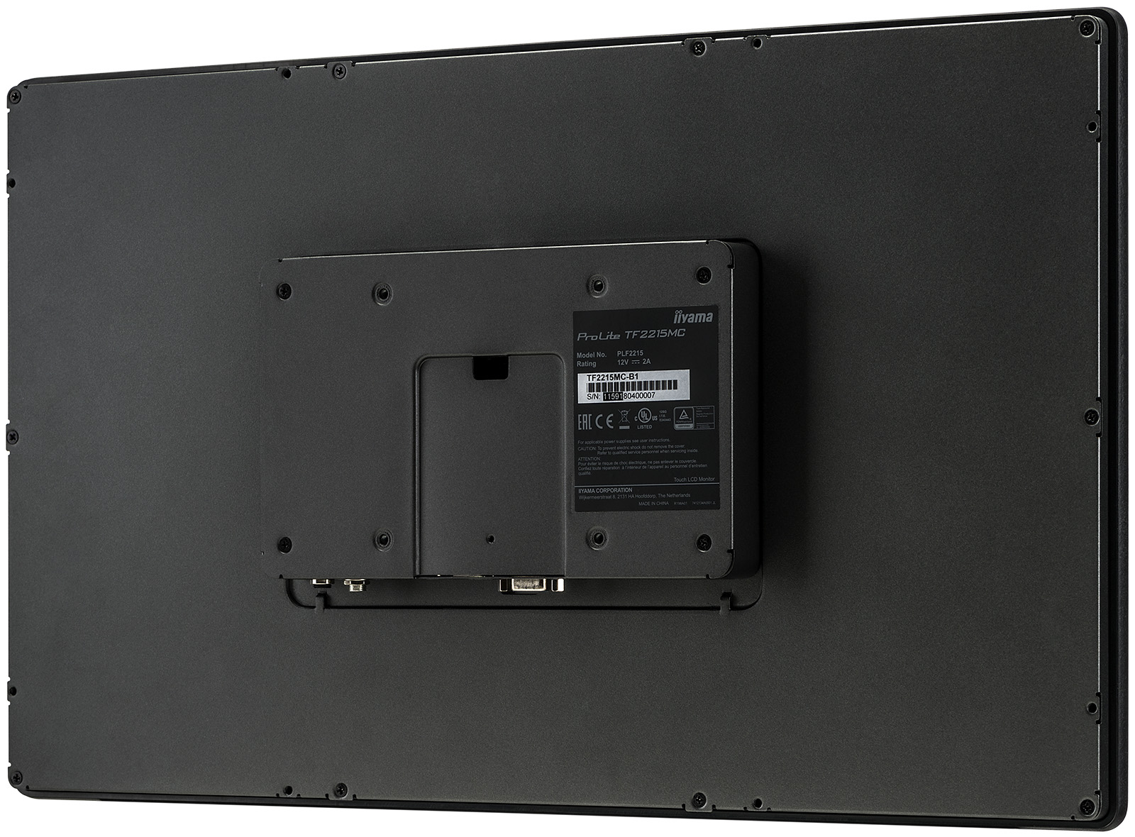 Rückseite eines schwarzen Iiyama ProLite TF2215MC Monitors. Enthält Modellinformationen und Anschlüsse.