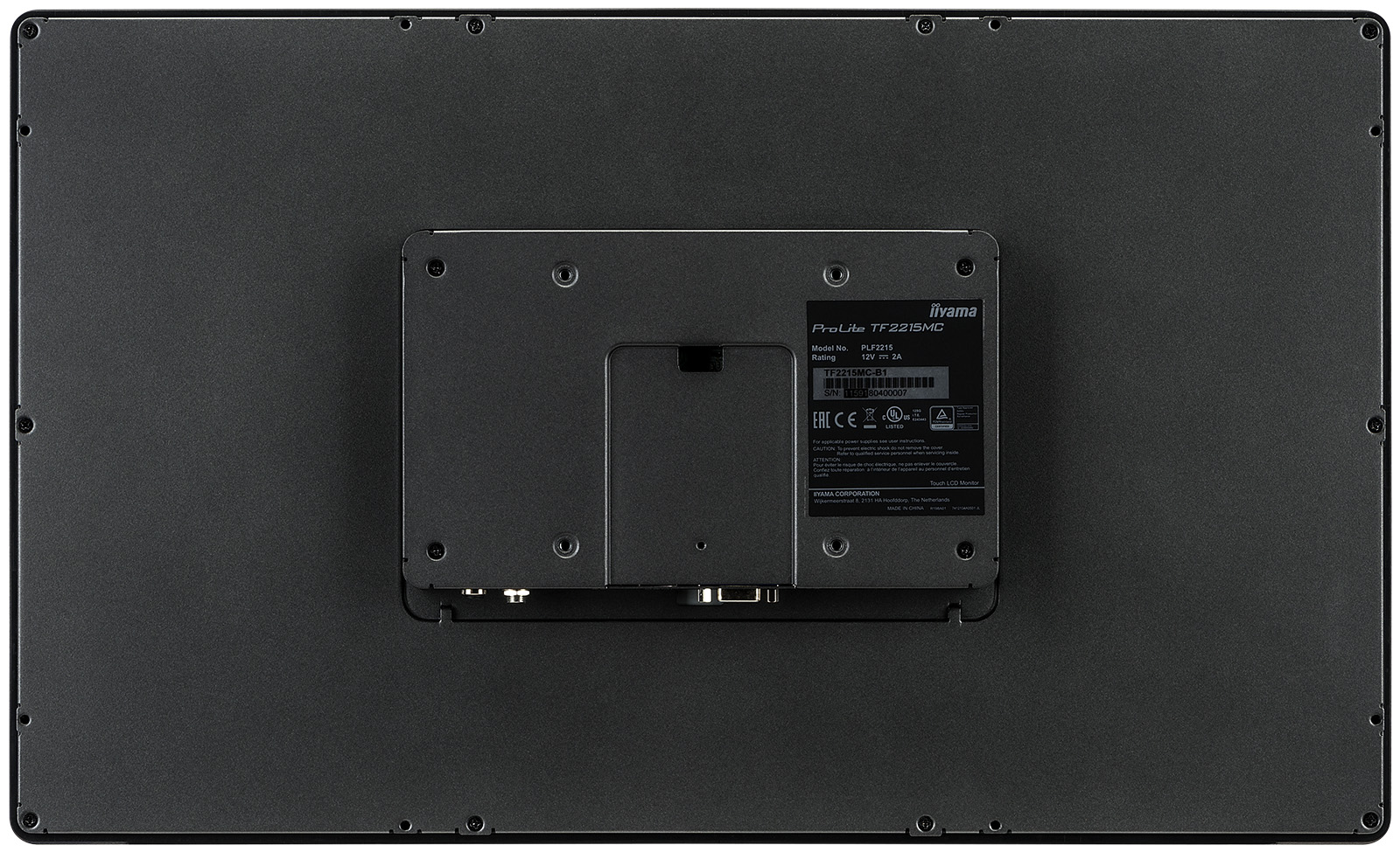 Rückseite eines schwarzen iiyama ProLite TF2215MC Monitors mit Modell- und Seriennummerndetails sowie einem vertieften Bereich für Anschlüsse.