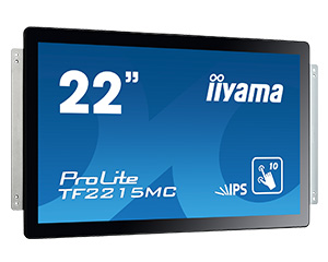 Ein 22" Iiyama ProLite TF2215MC Monitor mit Touchscreen und IPS-Technologie. Weißer Text auf blauem Hintergrund.
