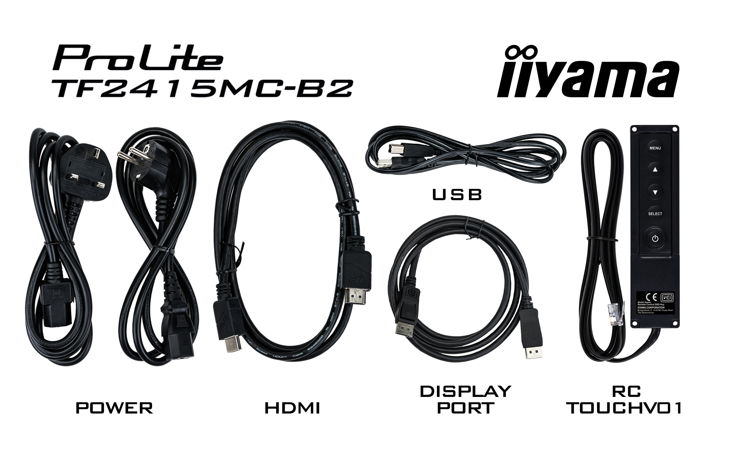 Das Bild zeigt Monitorkabel: Strom, HDMI, DisplayPort, USB und eine Fernbedienung. Alle sind schwarz auf weißem Hintergrund.