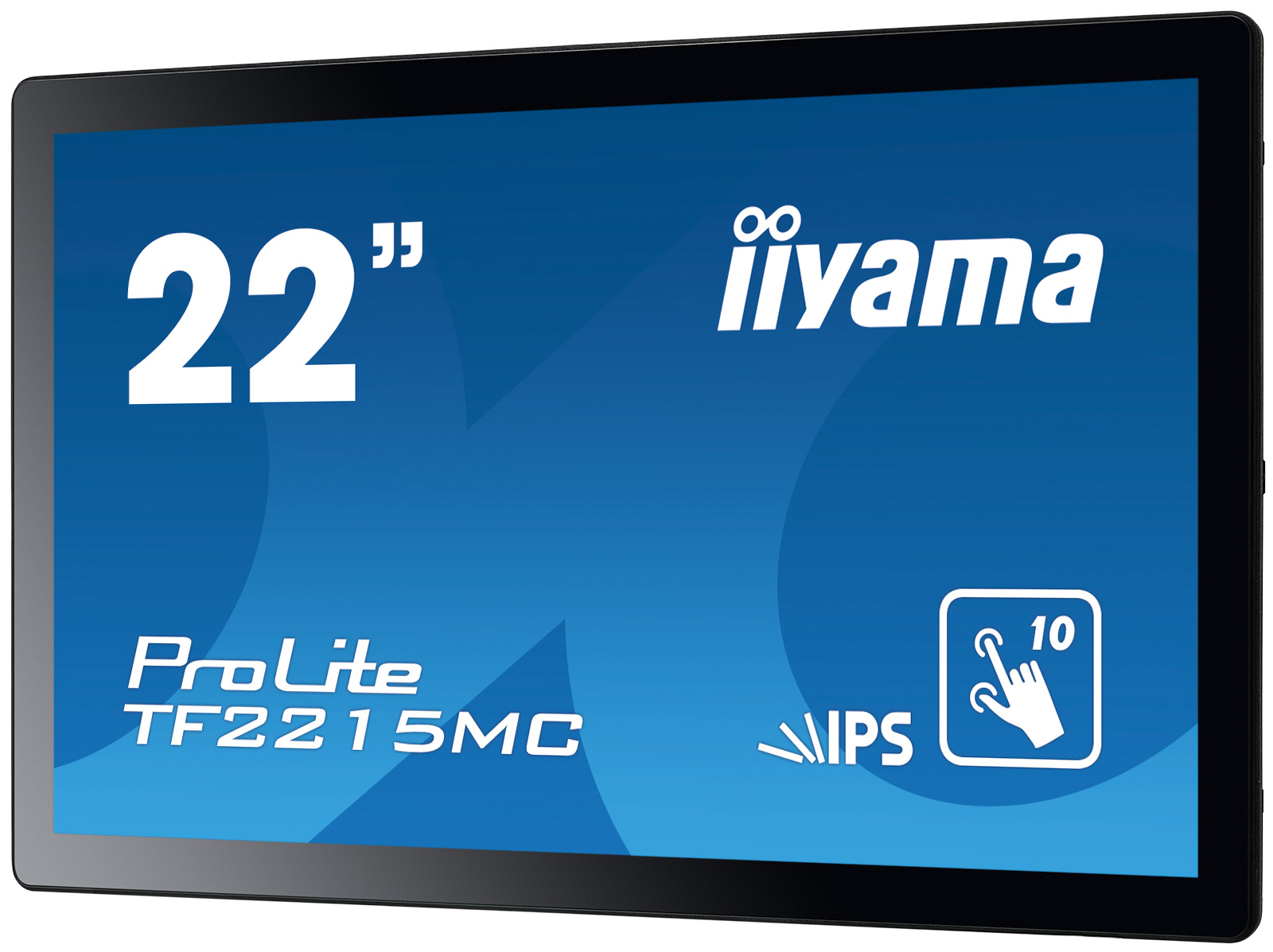 Ein 22-Zoll-iiyama ProLite TF2215MC Touchscreen-Monitor. Merkmale sind IPS und 10-Punkt-Touch. Blaue und weiße Grafik auf dem Bildschirm.