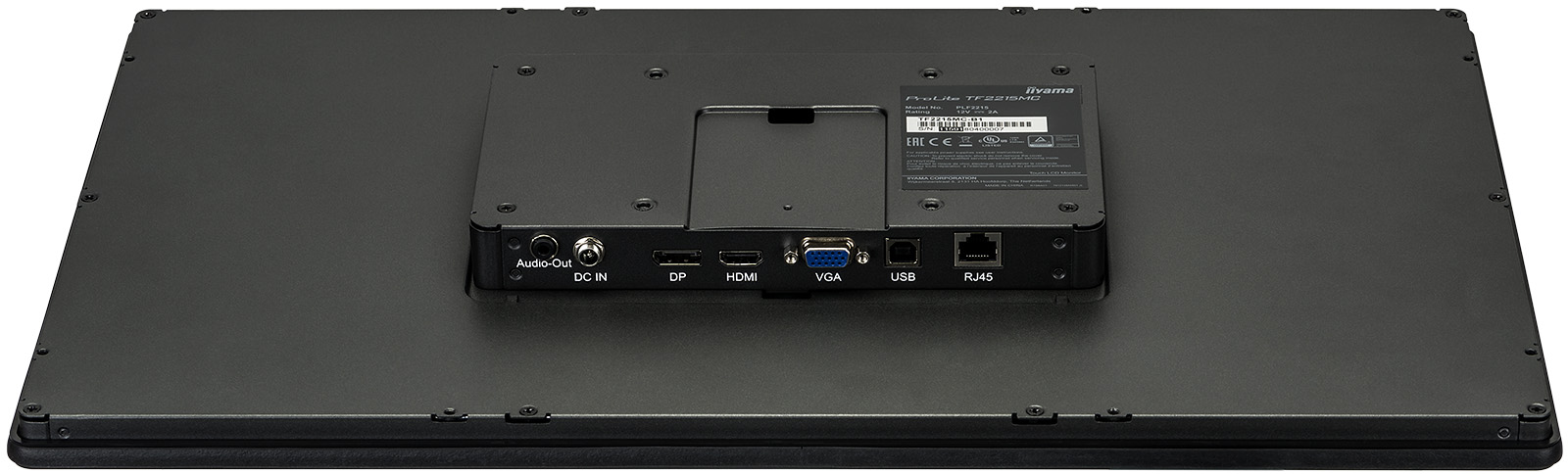 Rückseite eines schwarzen Monitors. Anschlüsse: Audioausgang, DC-Eingang, DP, HDMI, VGA, USB und RJ45. Modellinformationen sichtbar.