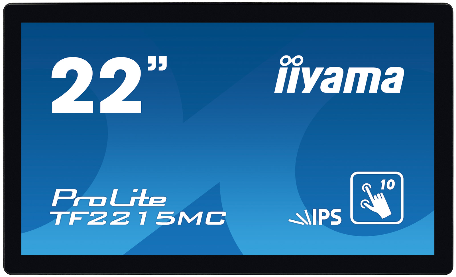 Ein 22-Zoll-iiyama ProLite TF2215MC Monitor. Er hat IPS-Technologie. Der Bildschirm zeigt ein Touch-Symbol mit der Zahl 10.