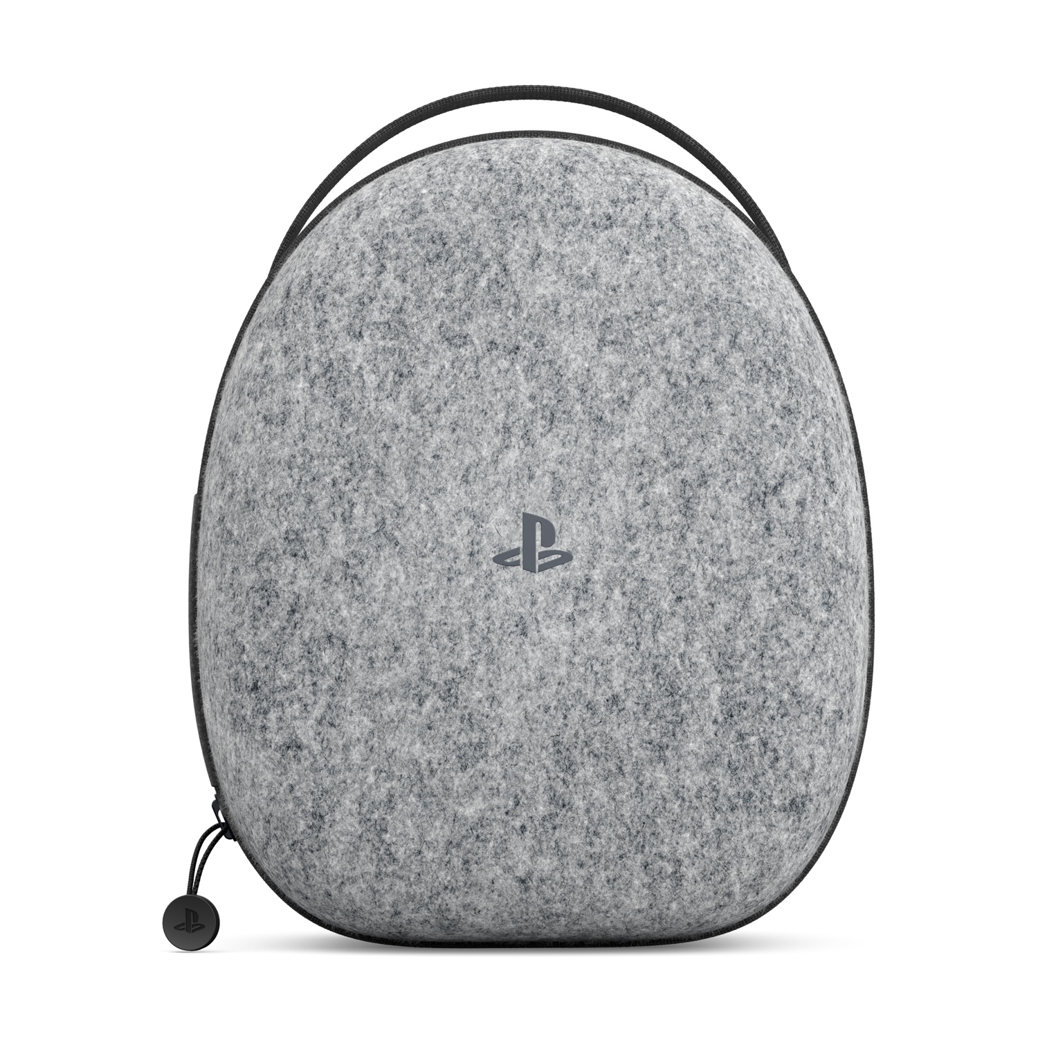 Una custodia in feltro grigio per una console di gioco, con manico e cerniera neri. Il logo PlayStation è visibile.