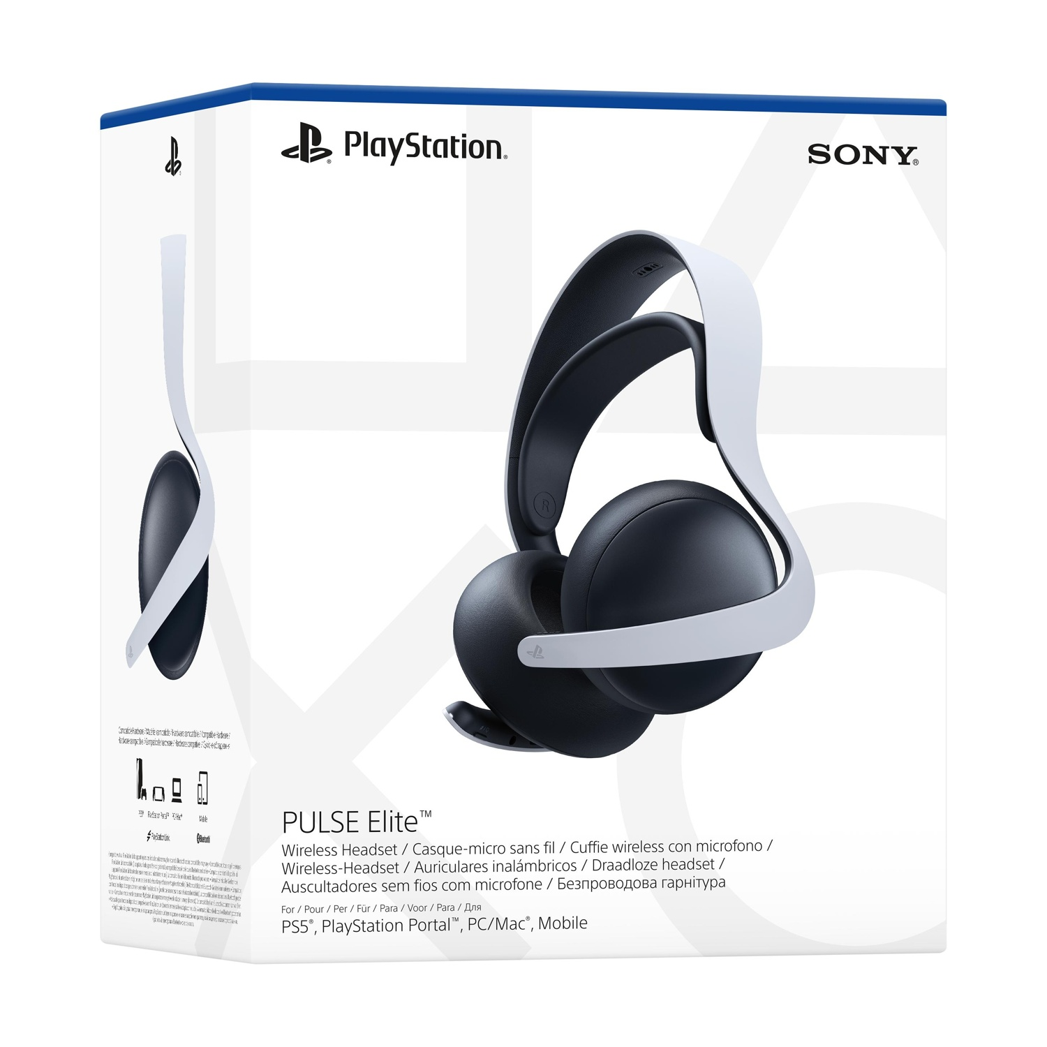 Una scatola mostra una cuffia wireless Pulse Elite in bianco e nero. Sono visibili i loghi PlayStation e Sony. Il testo indica che è per PS5, PC e mobile.