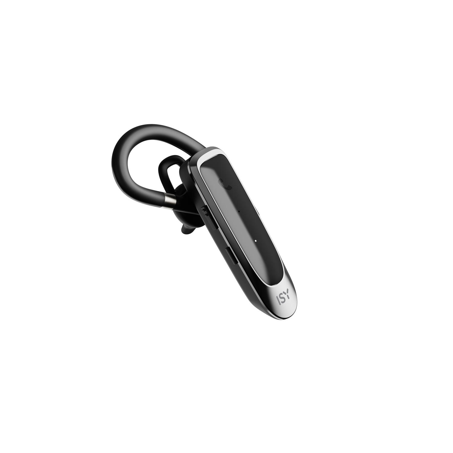 A black and silver ISY Bluetooth headset on a white background. It features a curved ear hook and a sleek, rectangular body.