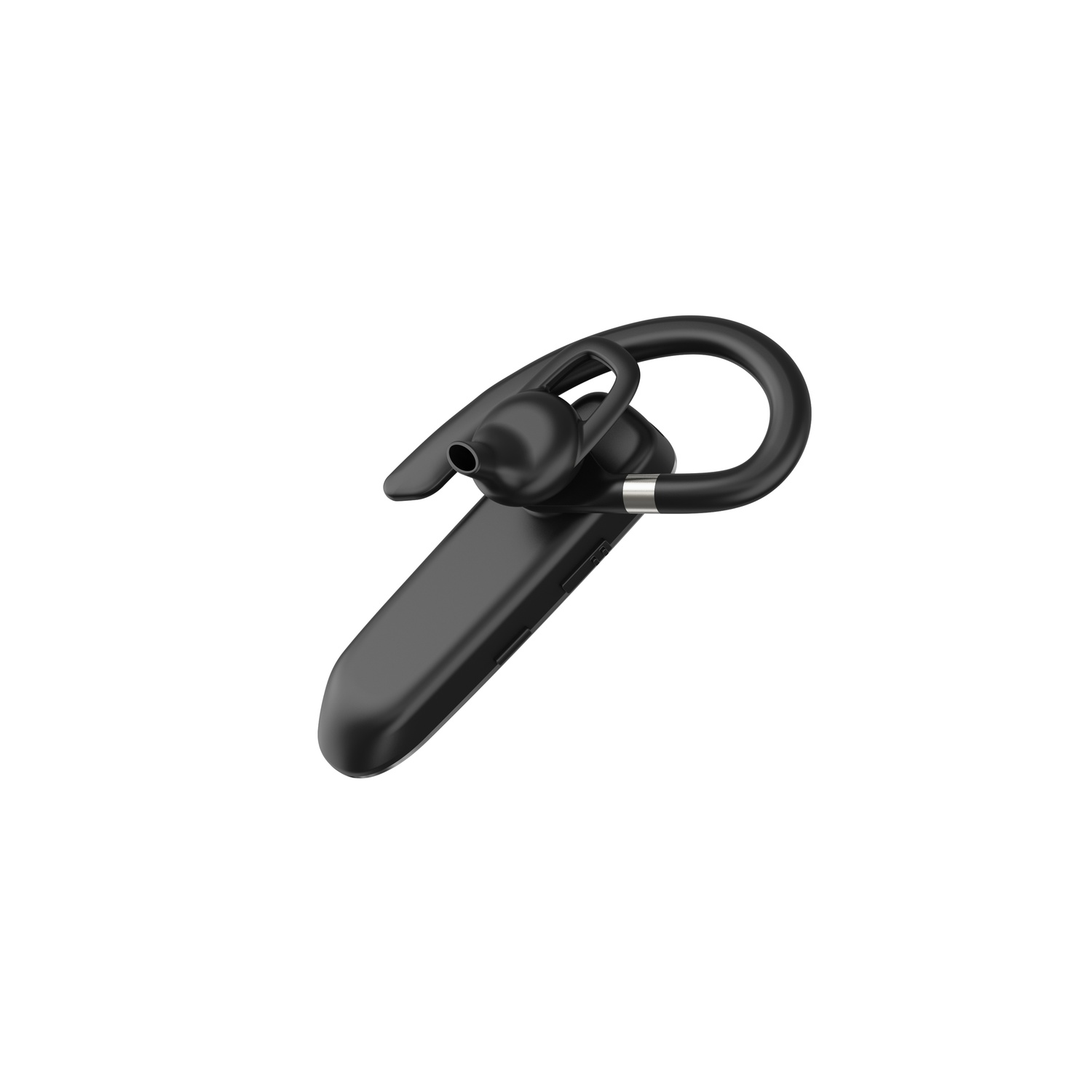 A black wireless headset on a white background. It has an ear hook, a microphone, and a body with buttons.