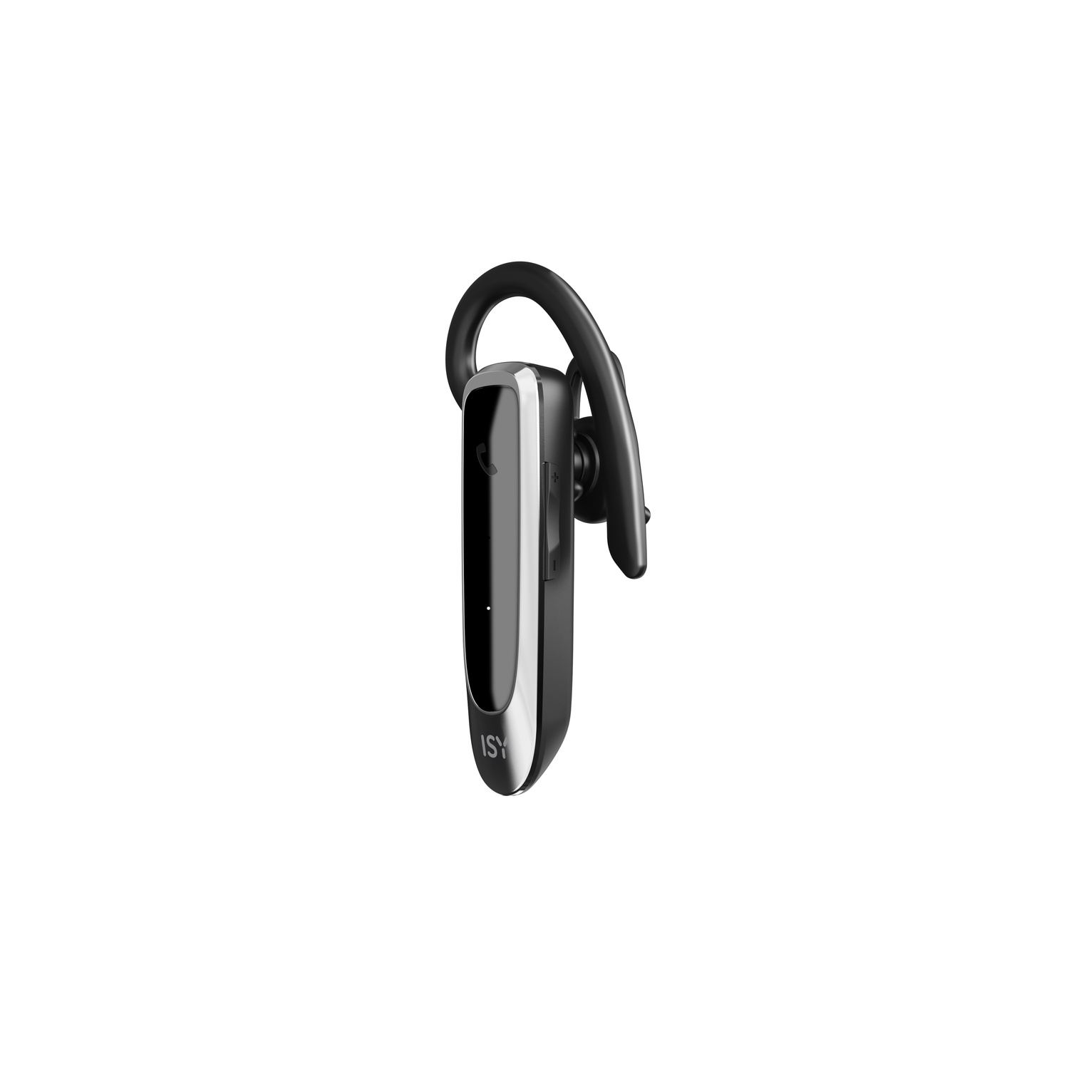 A black and silver ISY Bluetooth headset on a white background. It has an ear hook and a microphone.