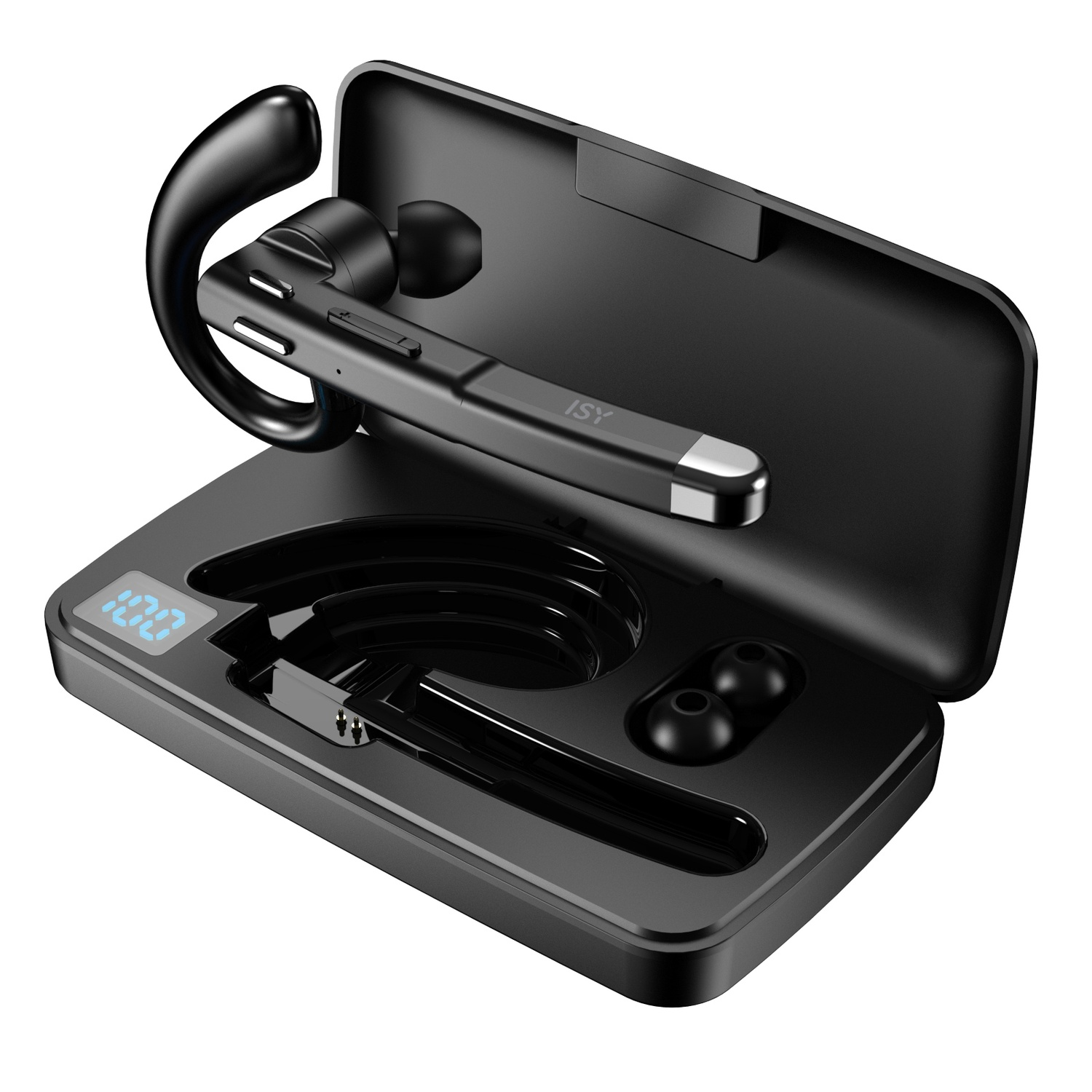 Black Bluetooth headset with charging case, showing 100% charge. The headset is placed inside the open case.