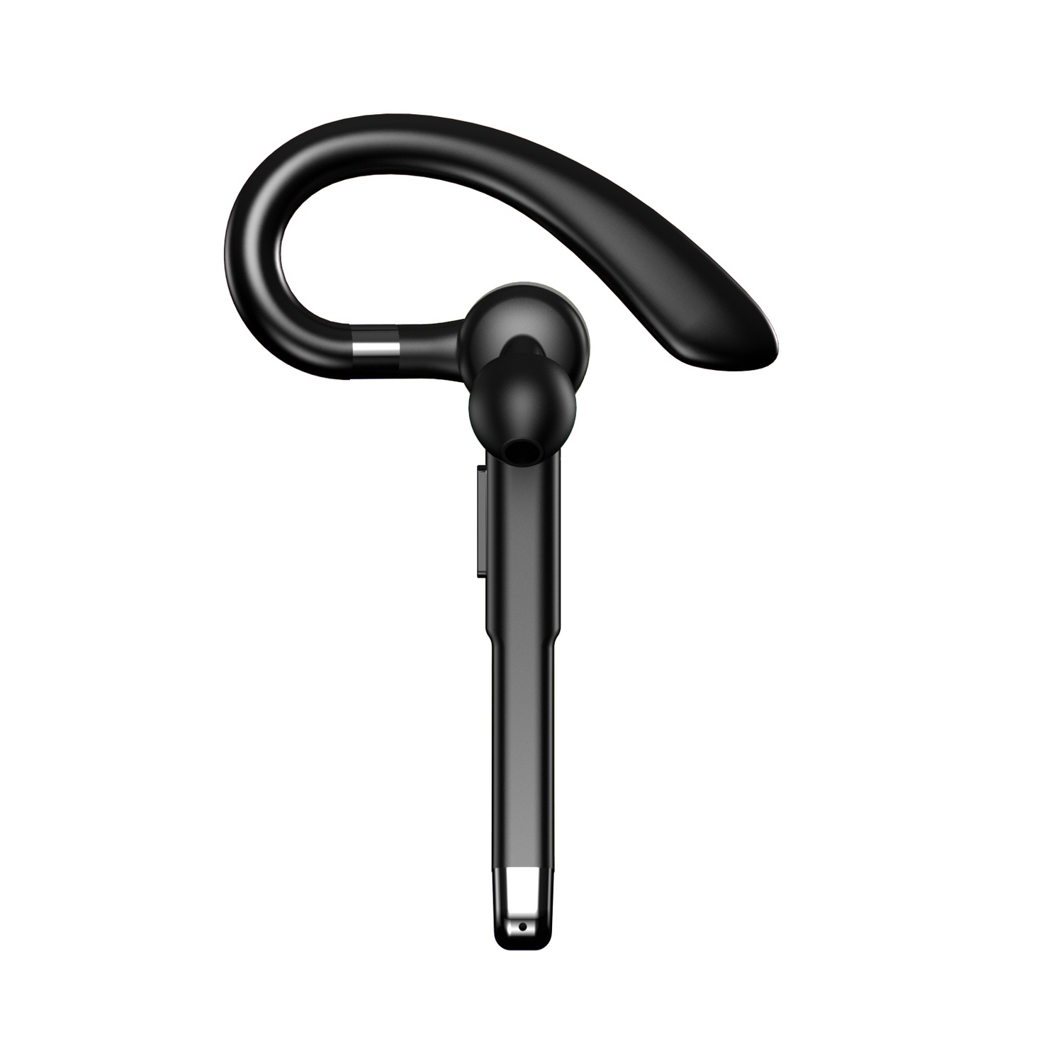A black Bluetooth headset. It has a curved ear hook, an earbud, and a rectangular stem.