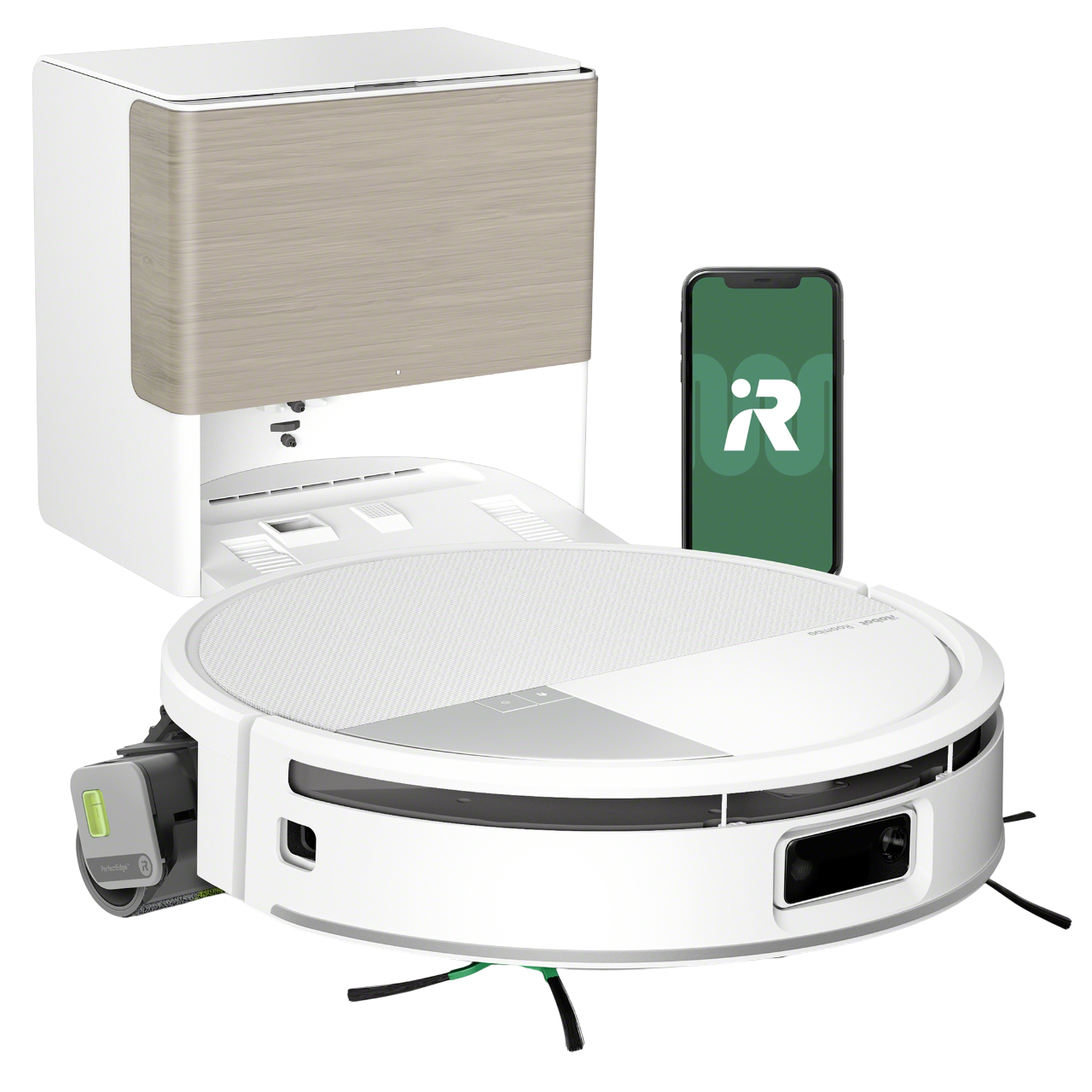 Ein weißer Roboter-Staubsauger, eine Ladestation mit Holzmaserung und ein Smartphone mit App-Logo.