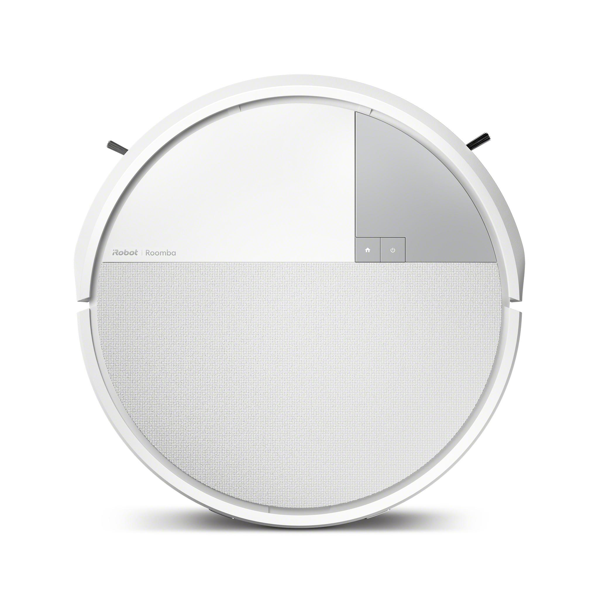 Ein weißer Roomba-Roboterstaubsauger. Es hat ein kreisförmiges Design mit Knöpfen und einer strukturierten Oberfläche.