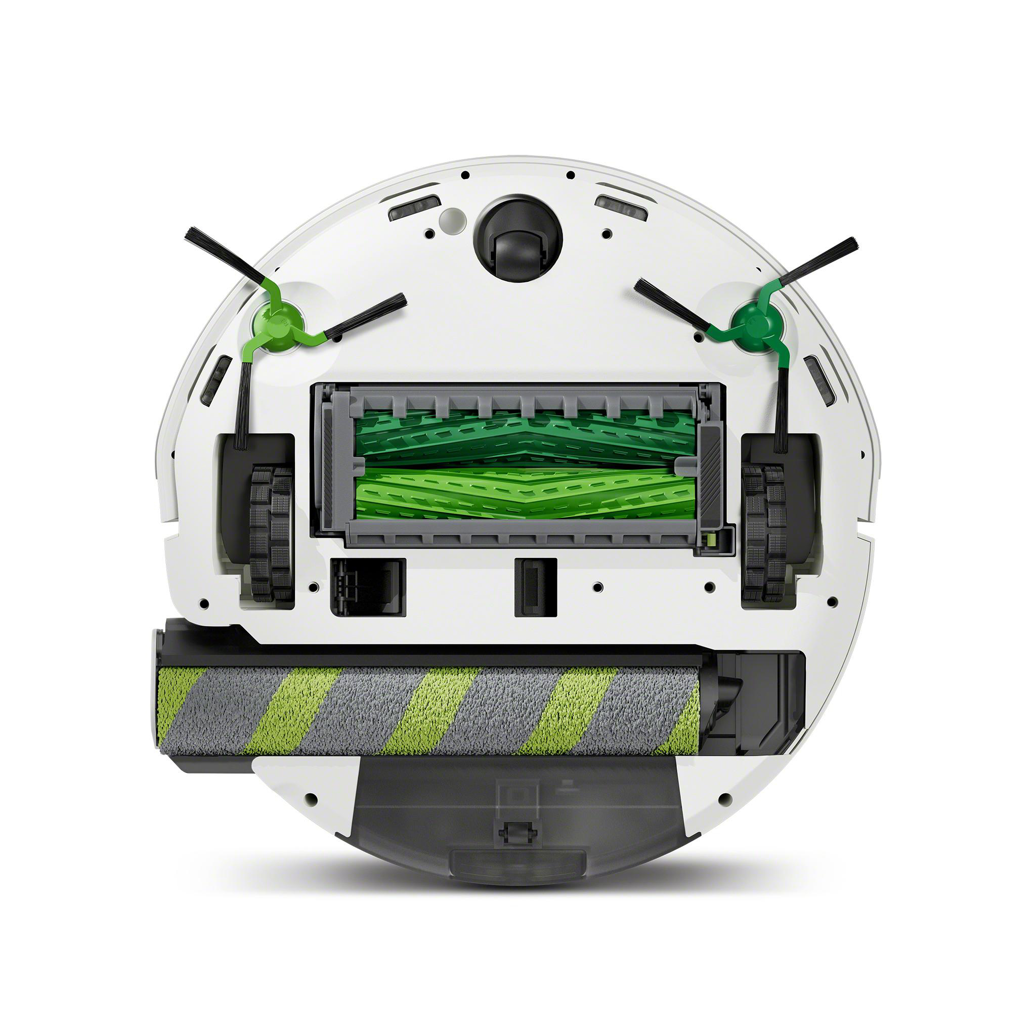 Unterseite eines Roboter-Staubsaugers. Weißes Gehäuse, grüne Bürsten und graue und grüne Rolle. Räder und Reinigungskomponenten sichtbar.