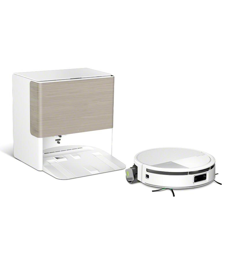 Ein weißer Roboterstaubsauger und eine Ladestation. Der Staubsauger ist rund und die Station ein weißes kastenförmiges Gerät.