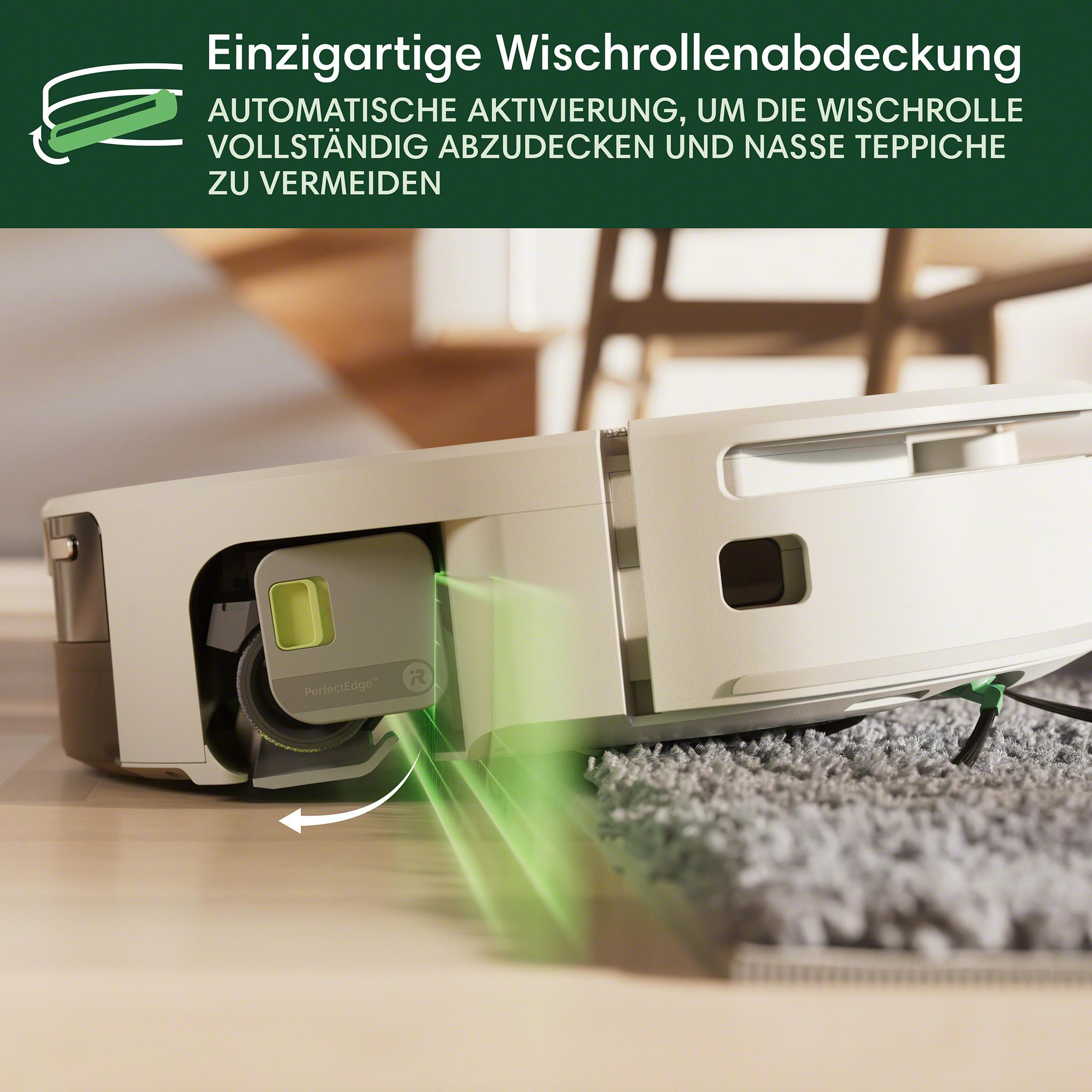 Ein weiß-grauer Roboter-Staubsauger mit grünem Rand auf einem grauen Teppich und Holzboden. Text auf Deutsch.