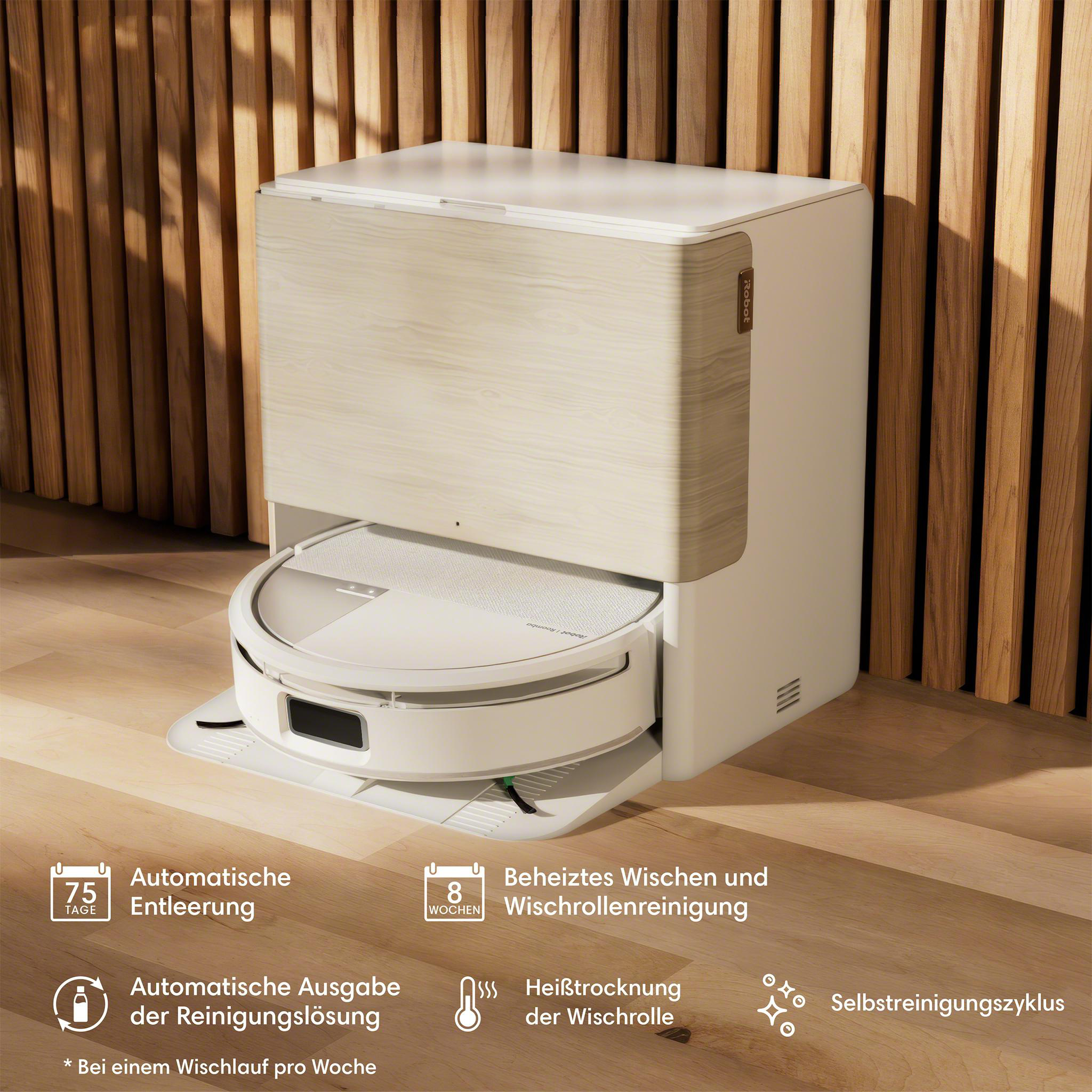 Ein weißer und hölzerner Roboter-Staubsauger mit einer Ladestation auf einem Holzboden mit einer Holzwand im Hintergrund.
