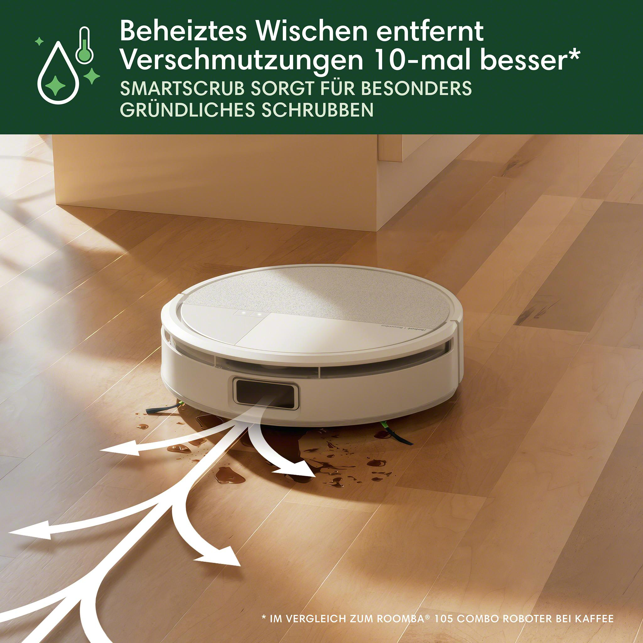 Ein weißer Roboter-Staubsauger auf einem Holzboden, mit Wasser und Richtungspfeilen. Text weist auf die Reinigung hin.