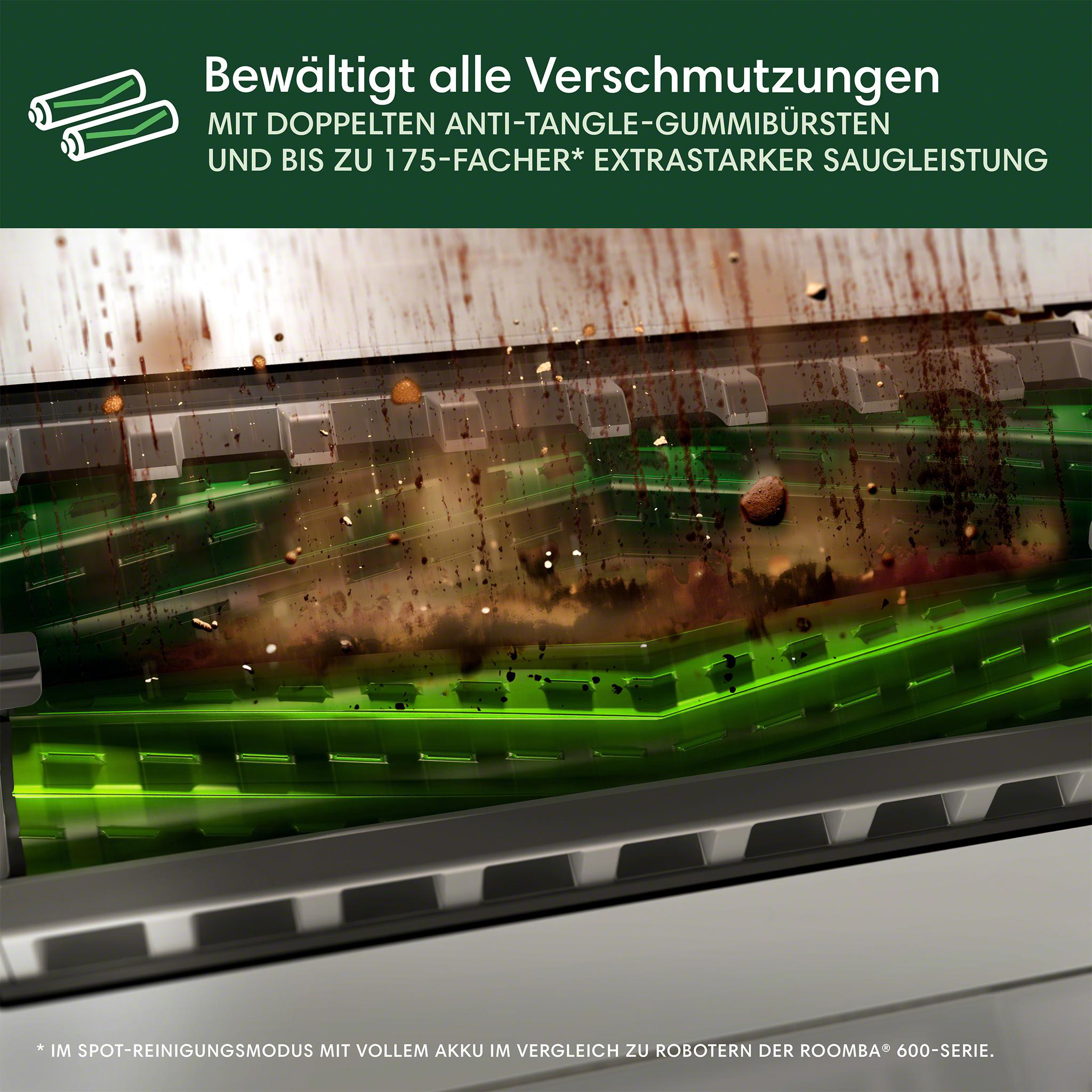 Nahaufnahme des Reinigungskopfes eines Roboter-Staubsaugers, bedeckt mit Schmutz. Grüne Bürsten sind sichtbar. Text auf Deutsch oben.