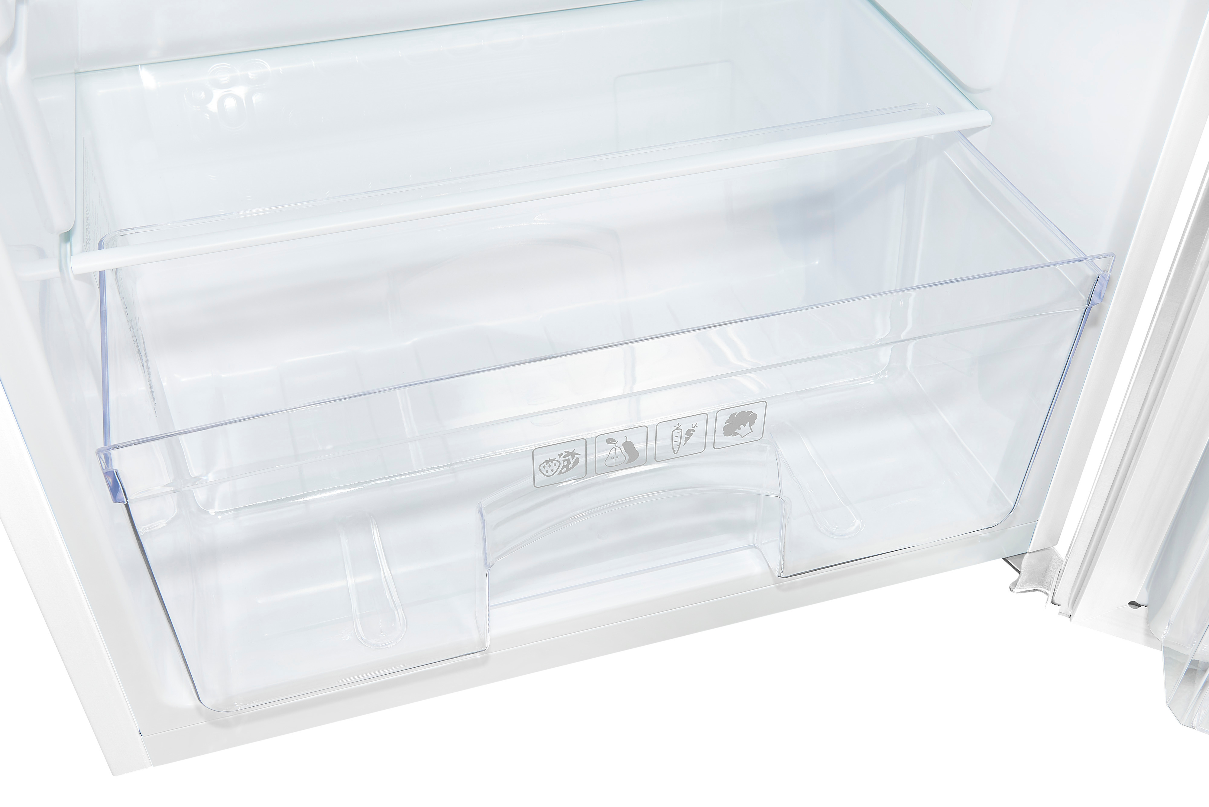 Ein offener Kühlschrank mit einer transparenten Schublade. Auf der Schublade befinden sich Symbole für Obst und Gemüse.