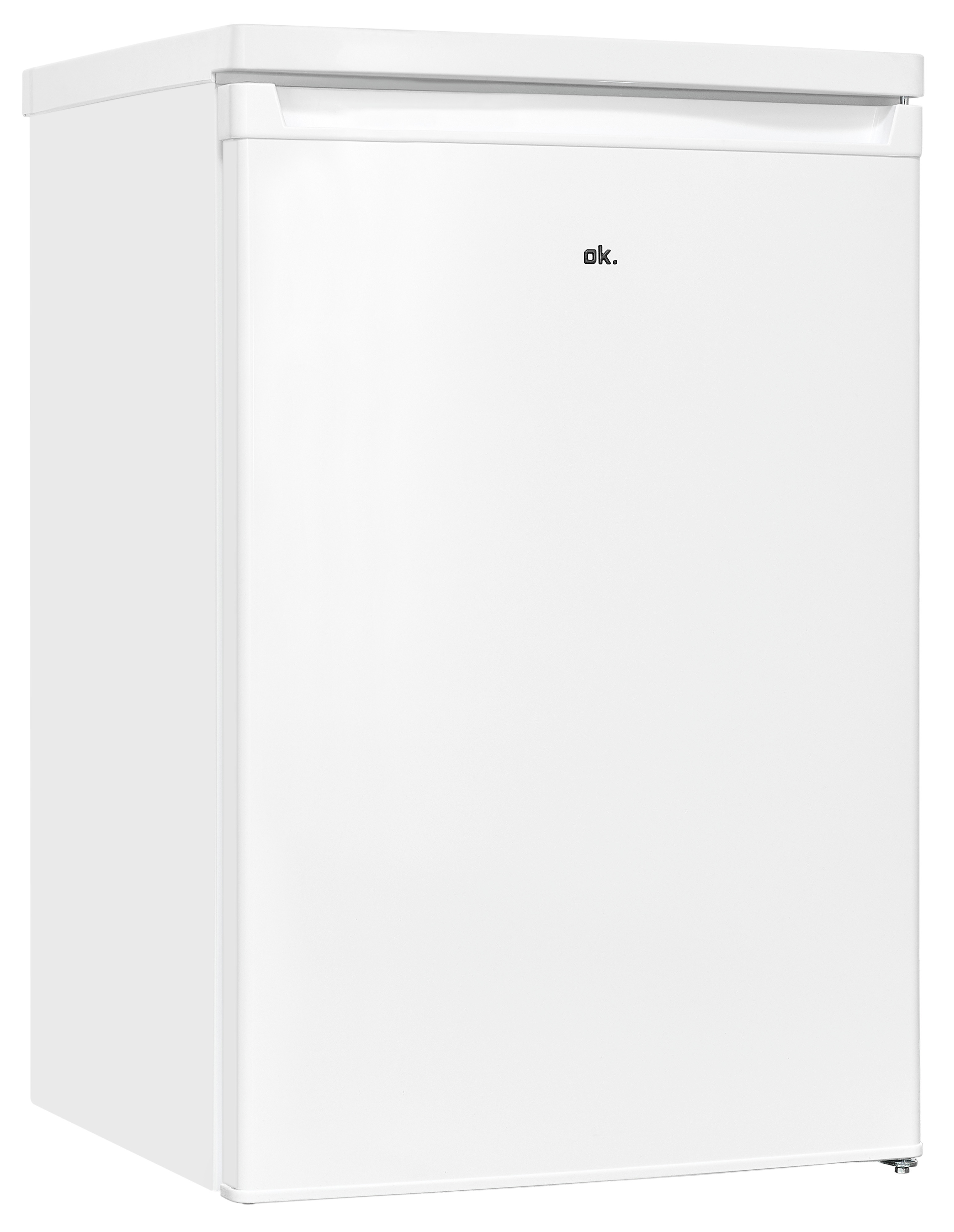 Ein weißer Mini-Kühlschrank mit dem Wort 'ok.' auf der Tür. Es ist ein einfaches Design, wahrscheinlich für kleine Räume.