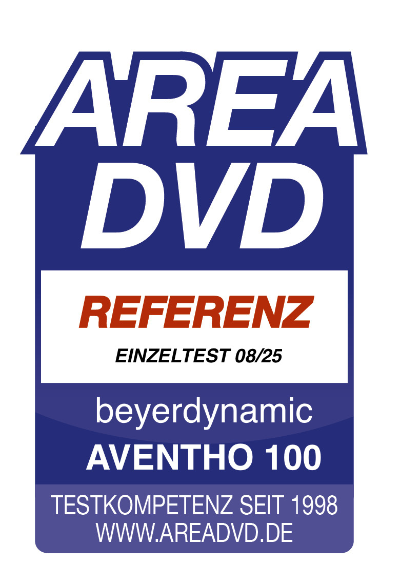 Logo mit Text: AREA DVD, REFERENZ, EINZELTEST 08/25, beyerdynamic AVENTHO 100, TESTKOMPETENZ SEIT 1998, WWW.AREADVD.DE.