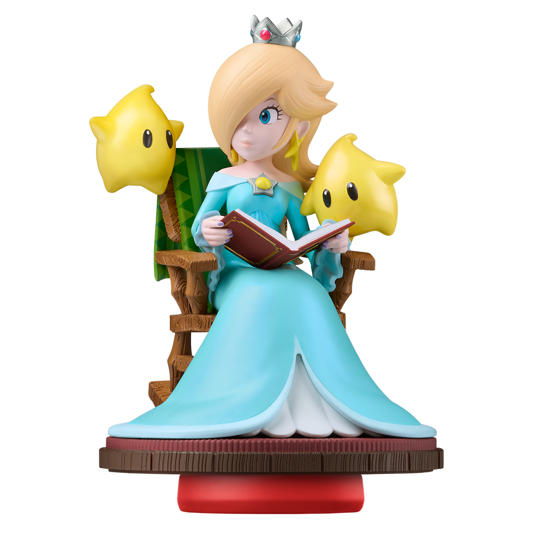 Rosalina-Figur liest ein Buch, trägt ein blaues Kleid und eine Krone, mit zwei sternförmigen gelben Lumas.