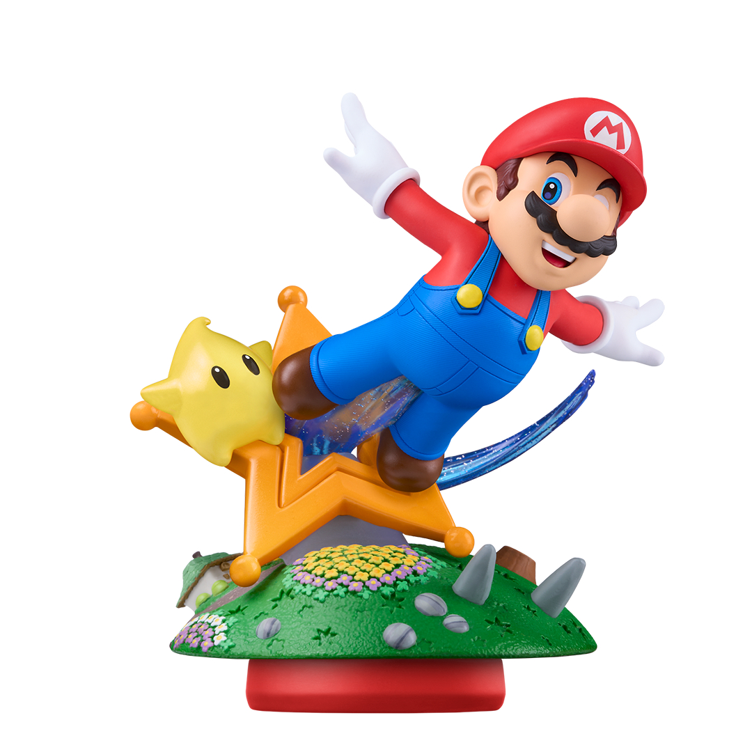 Mario-Figur in der Luft, auf einem gelben Stern reitend, auf einer grünen Basis mit Blumen und Felsen. Die Basis ist rot.