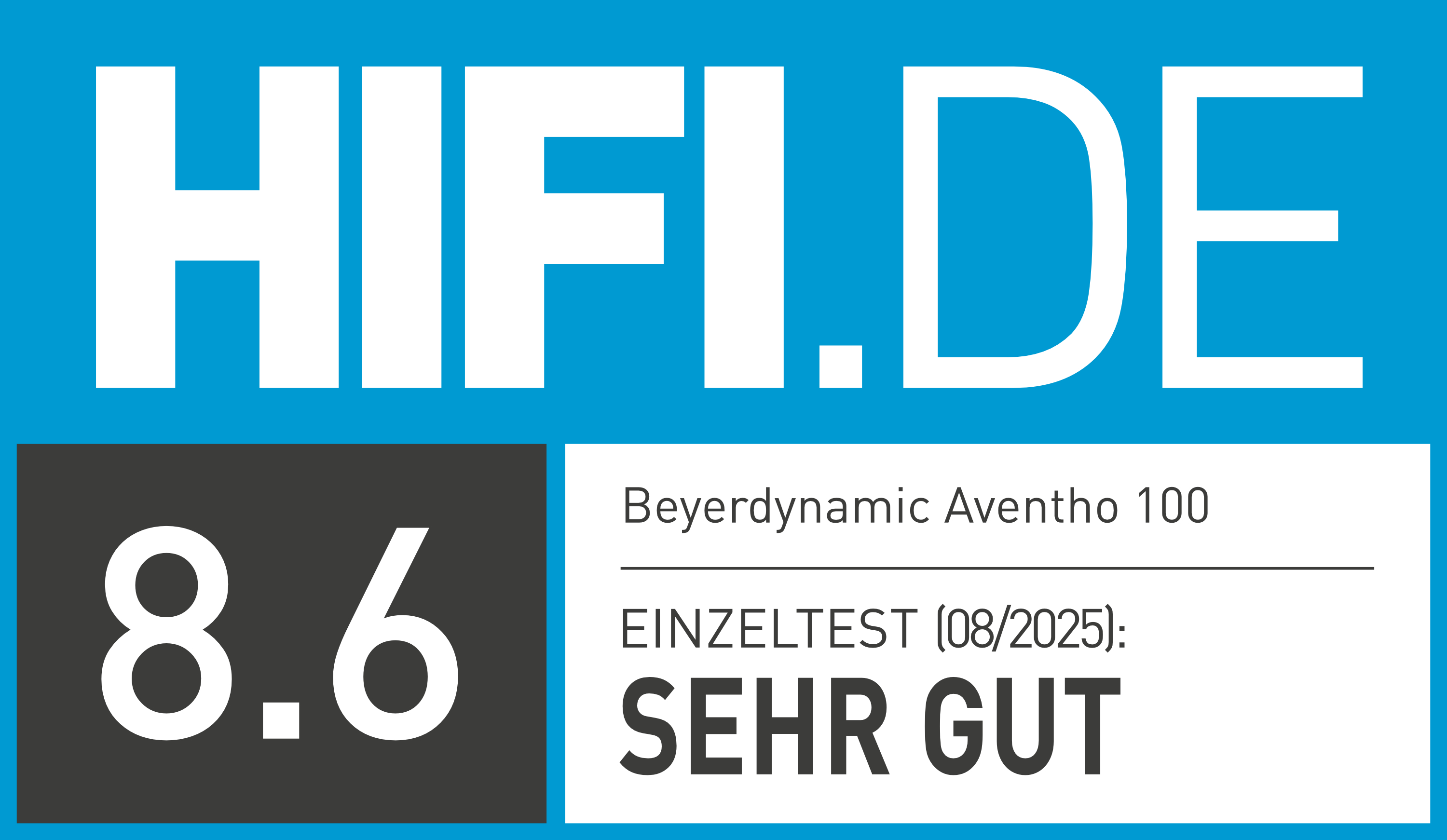 Bild einer Rezension. Es zeigt den Text "HIFI.DE" und die Bewertung "8.6". Unten steht der Text: "SEHR GUT".
