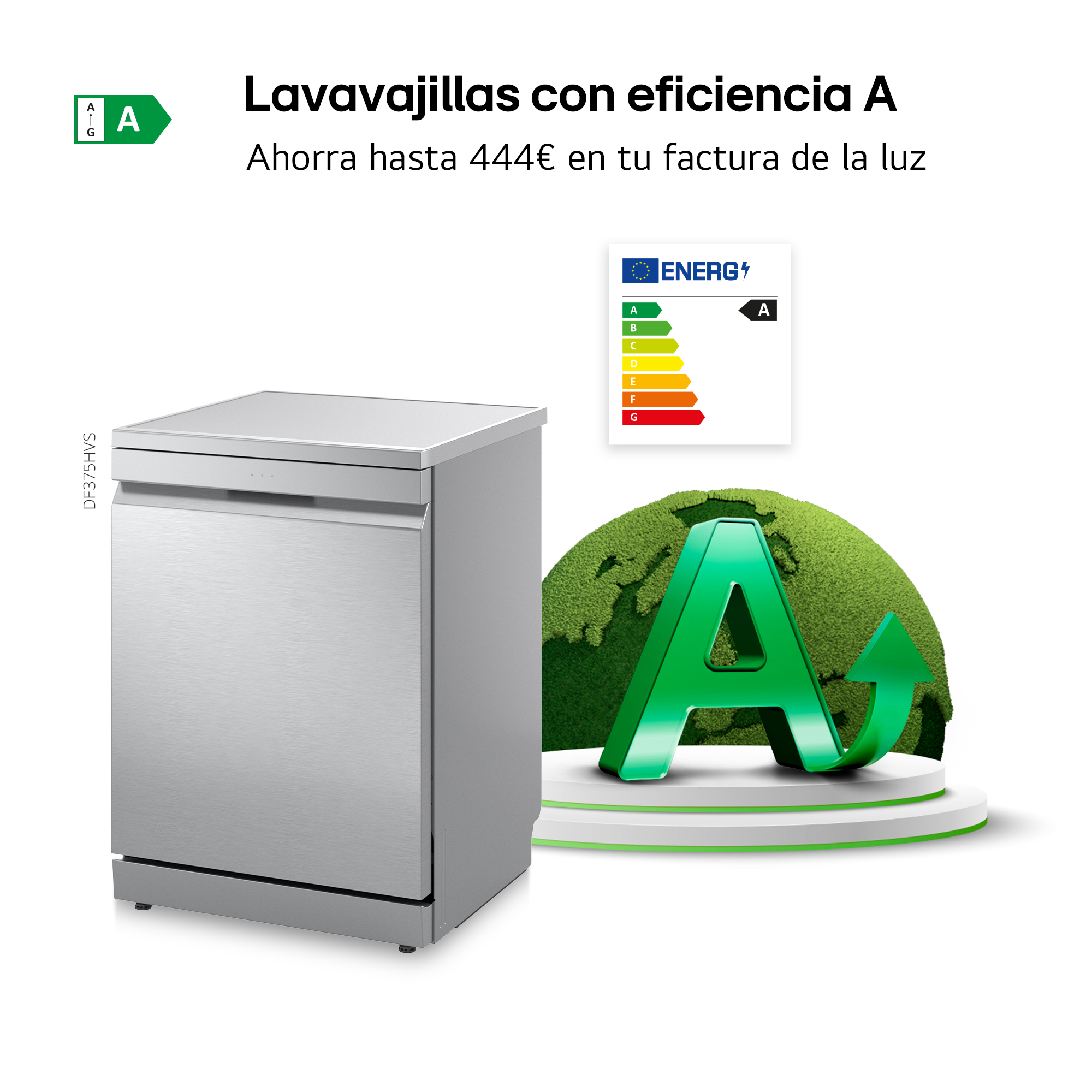 Lavavajillas con eficiencia A. Ahorra hasta 444€ en tu factura de la luz. Lavavajillas inox con icono de etiqueta energética A y globo verde.
