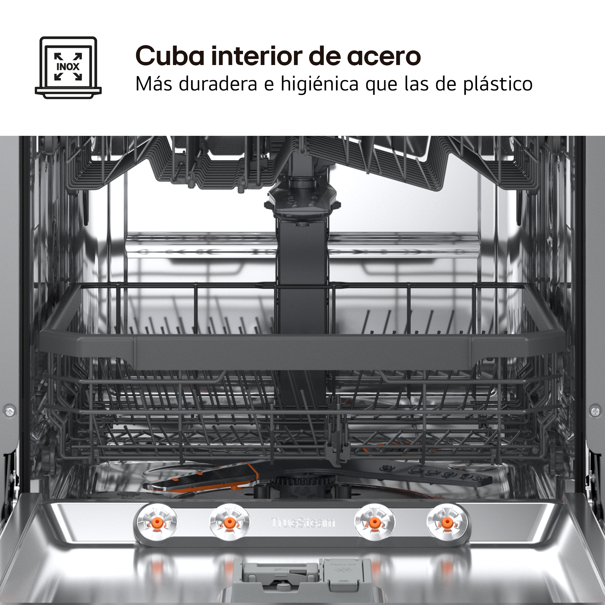 Cuba interior de acero. Más duradera e higiénica que las de plástico. Vista frontal del interior inoxidable del lavavajillas.