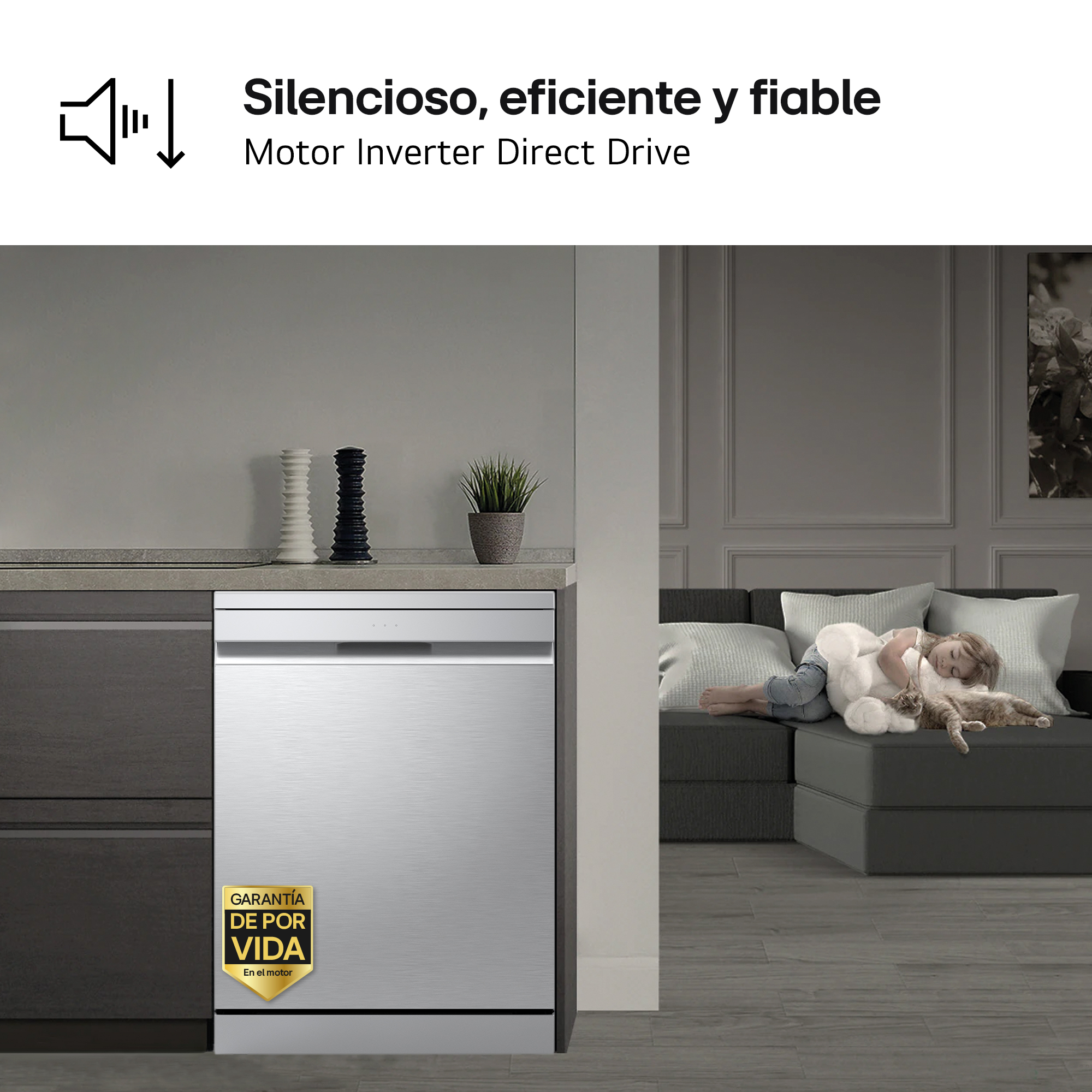Silencioso, eficiente y fiable. Motor Inverter Direct Drive. Lavavajillas funcionando; niño duerme en sofá al fondo.
