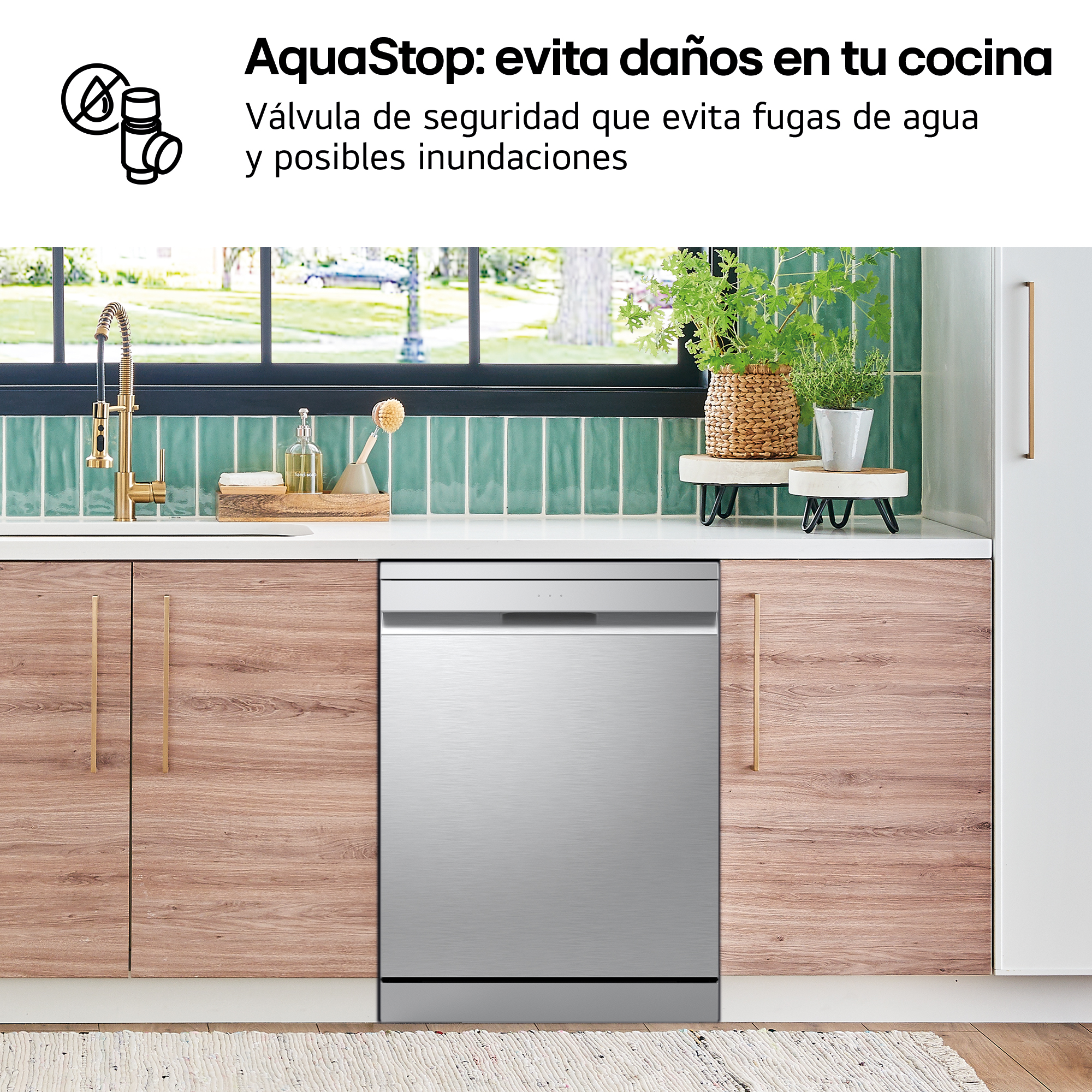 AquaStop: evita daños en tu cocina. Válvula de seguridad que evita fugas de agua y posibles inundaciones. Lavavajillas integrado en cocina.
