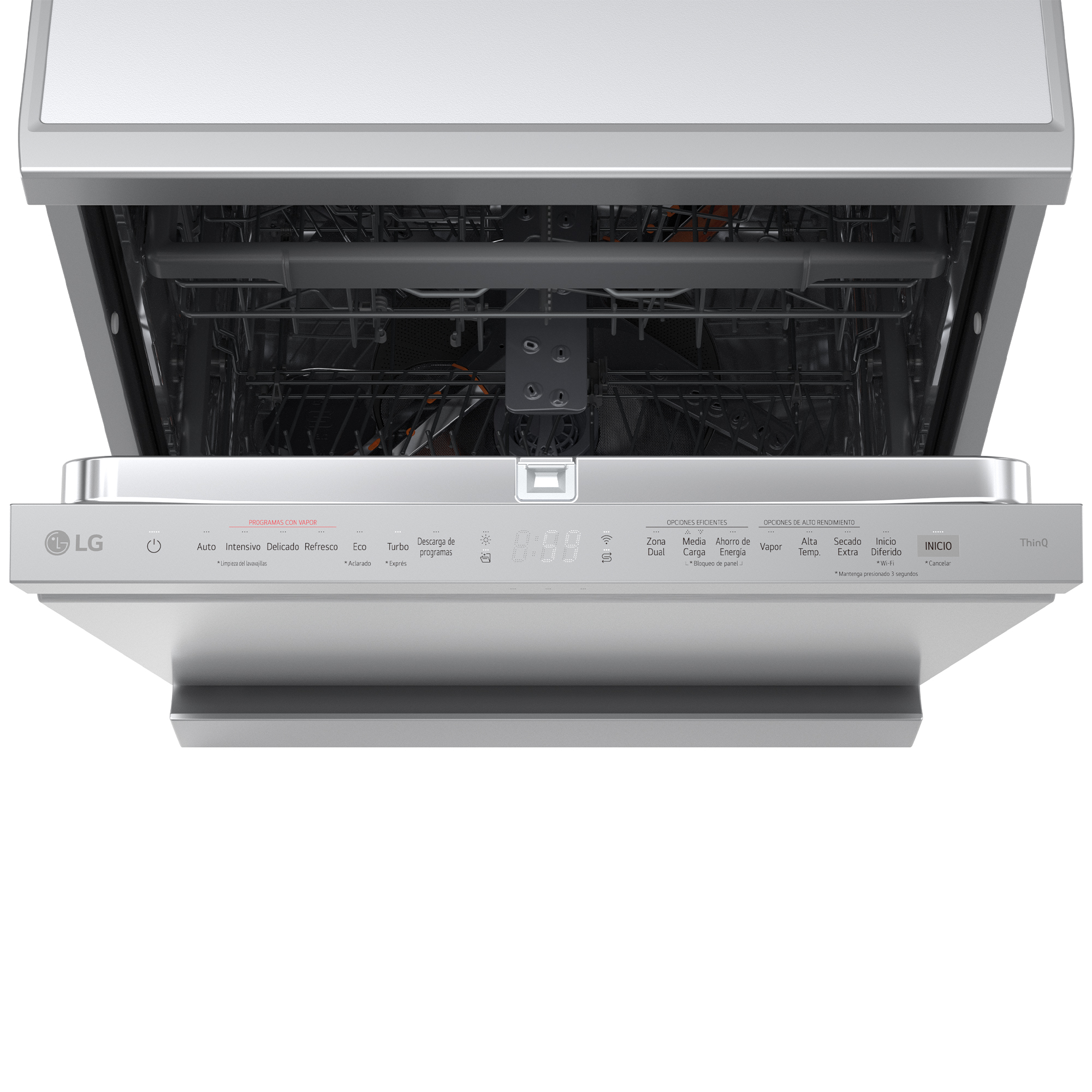 Un lavavajillas LG plateado con la puerta abierta. El panel de control muestra opciones de lavado y pantalla digital. Estantes interiores visibles.