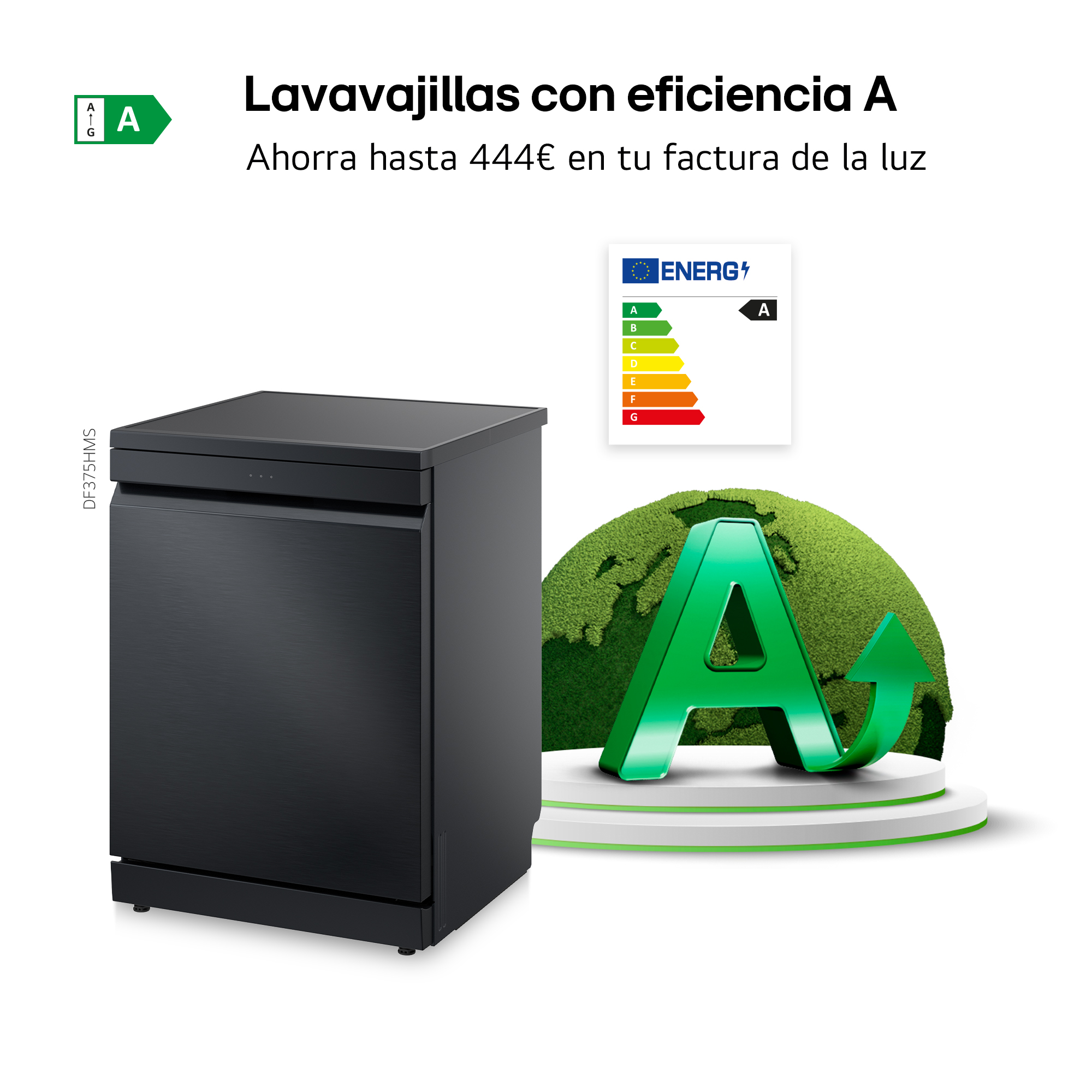 Lavavajillas con eficiencia A. Ahorra hasta 444€ en tu factura de la luz. Lavavajillas inox con icono de etiqueta energética A y globo verde.