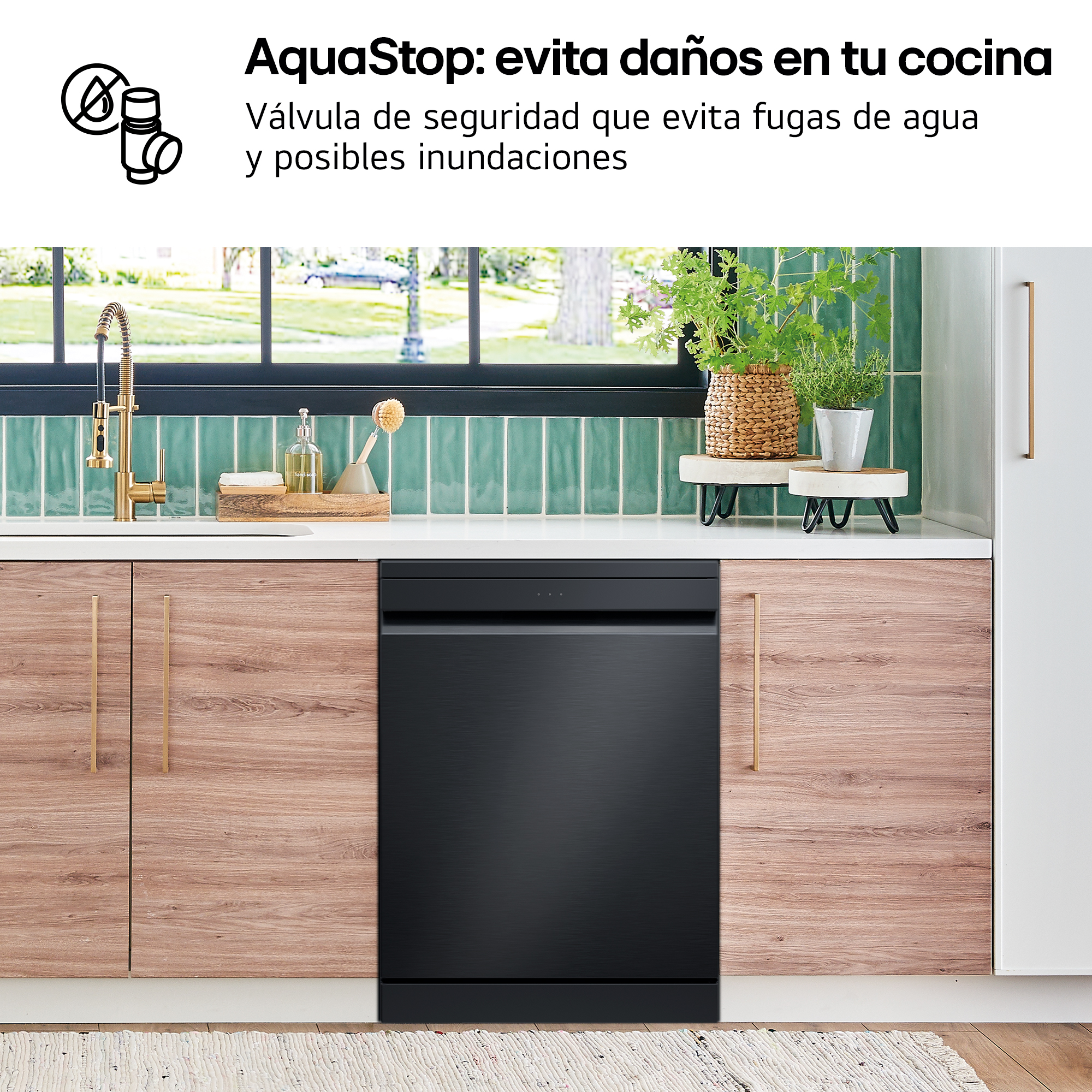 Una escena de cocina con lavavajillas, armarios de madera y plantas. La imagen promociona el sistema AquaStop de prevención de fugas de agua.
